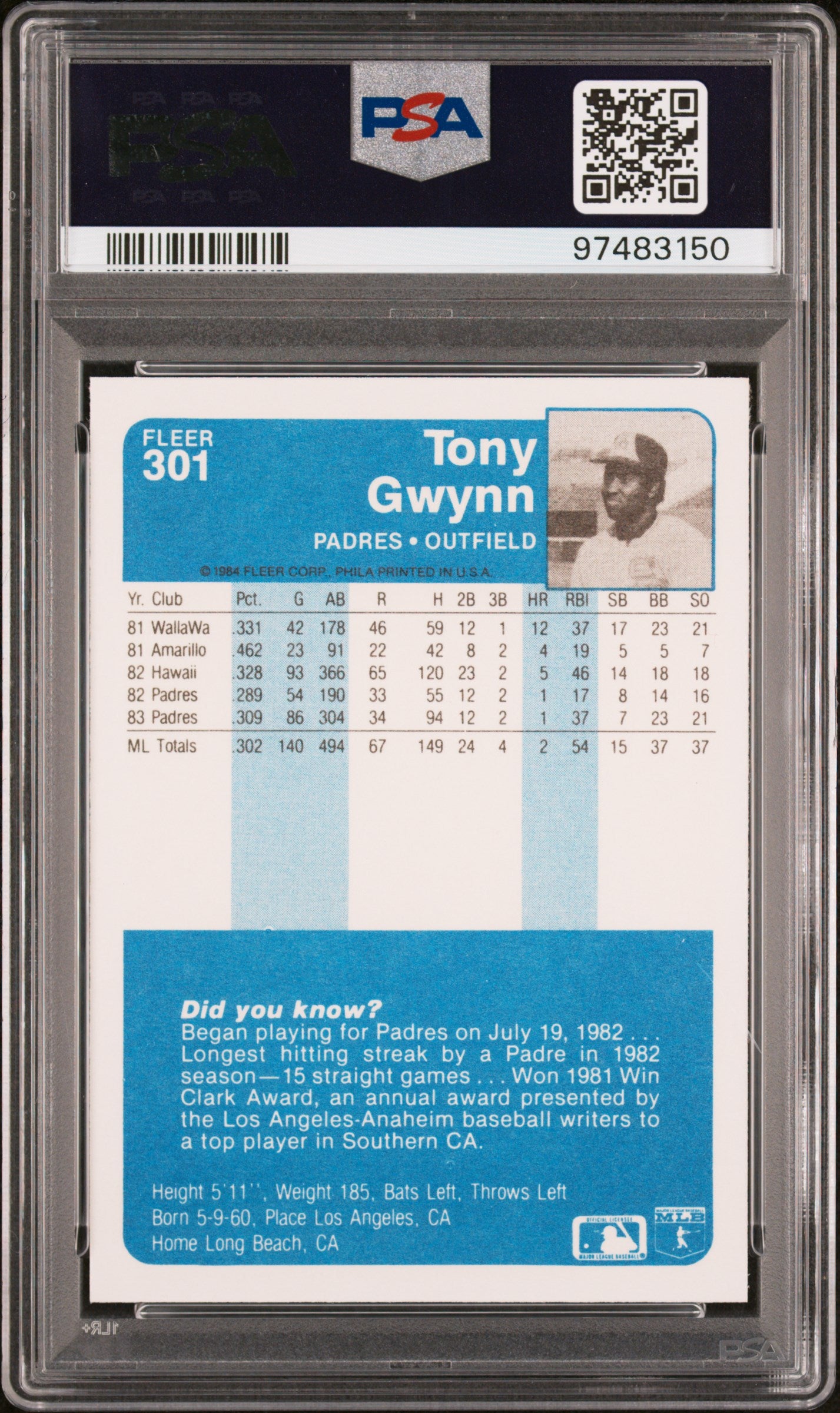 1984 Fleer Tony Gwynn #301 PSA 10