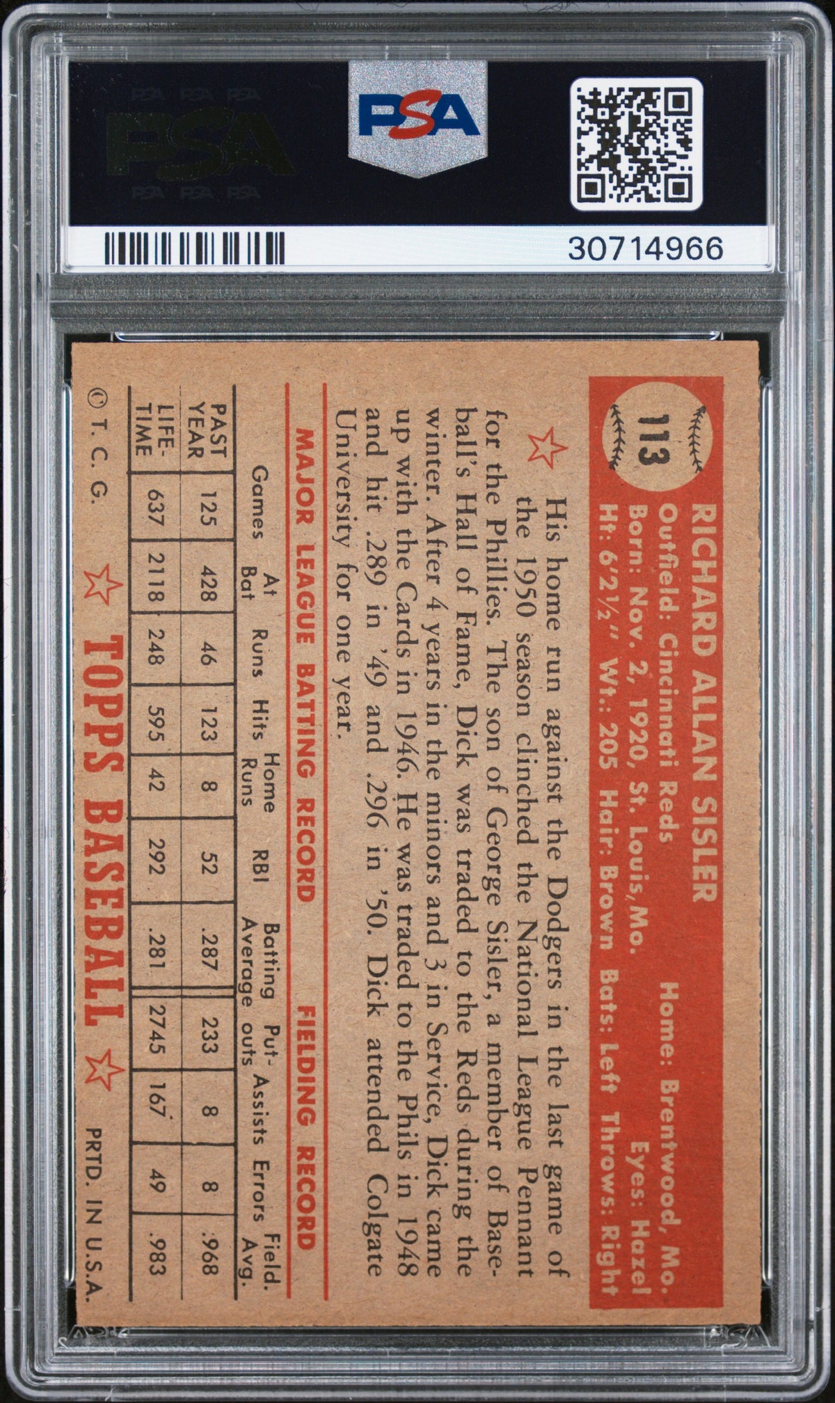 1952 Topps Dick Sisler #113 PSA 7