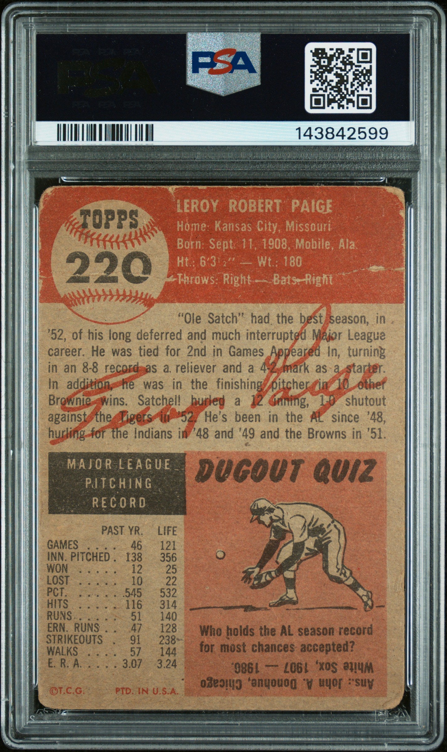 1953 Topps Satchell Paige #220 PSA 1