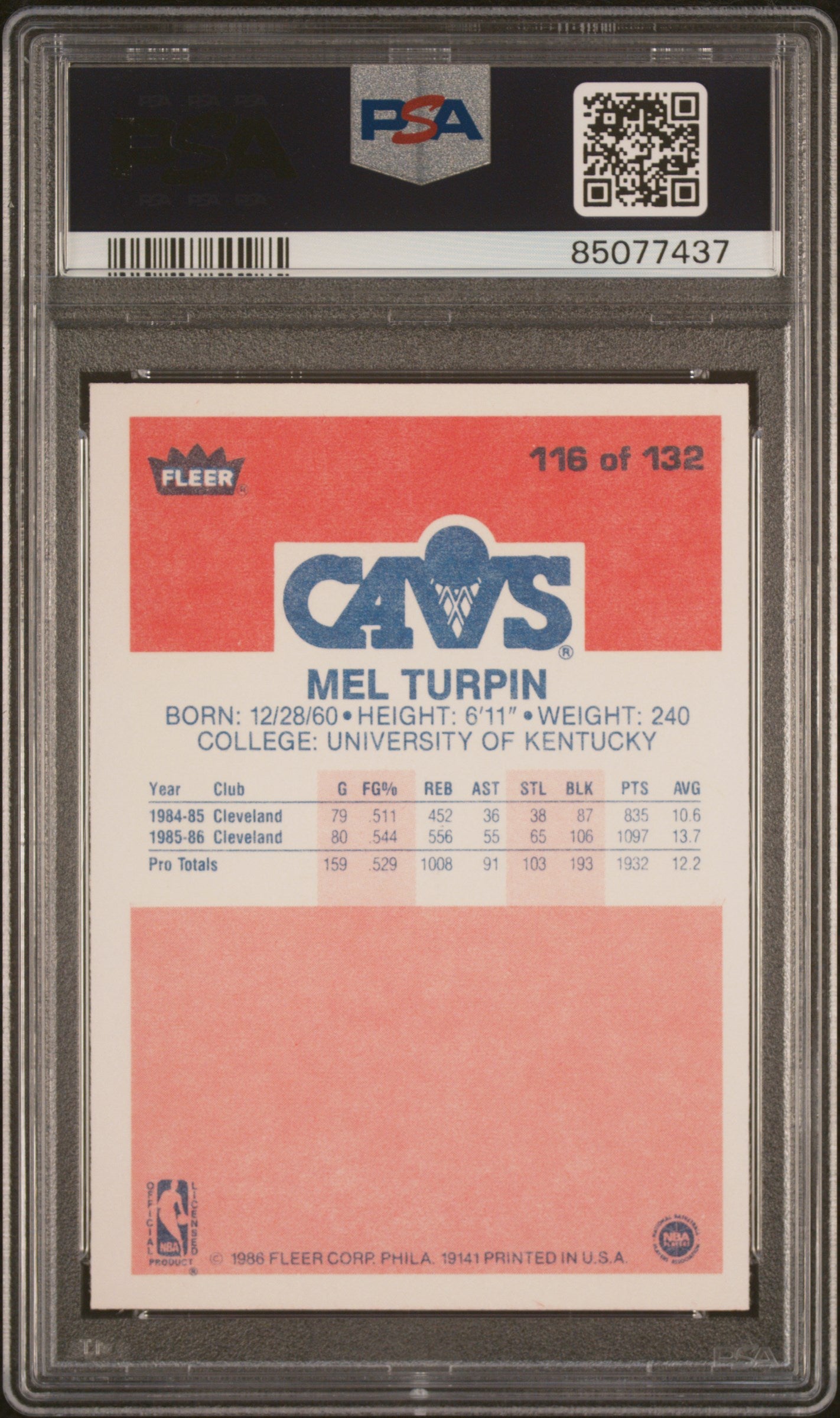 1986 Fleer Melvin Turpin #116 PSA 9