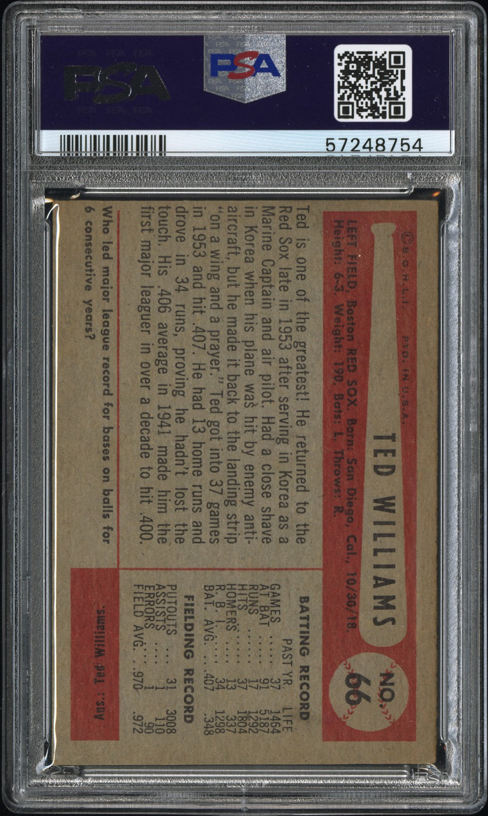 1954 Bowman Ted Williams #66 PSA 2.5