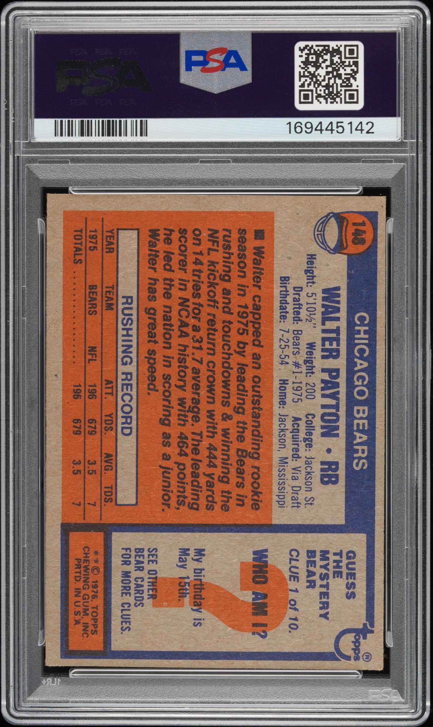 1976 Topps Walter Payton #148 PSA 2.5 Auto 10