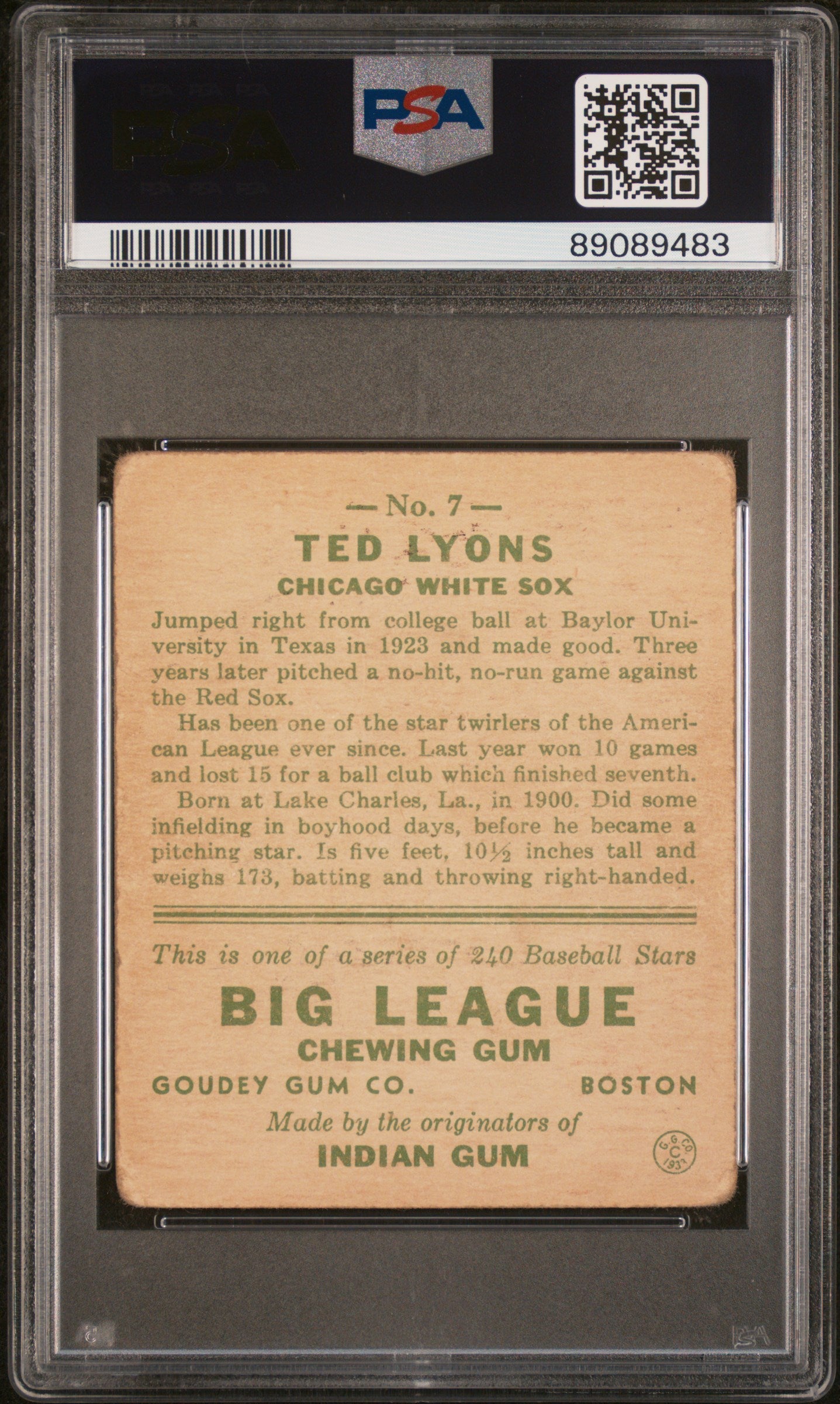 1933 Goudey Ted Lyons #7 PSA 2