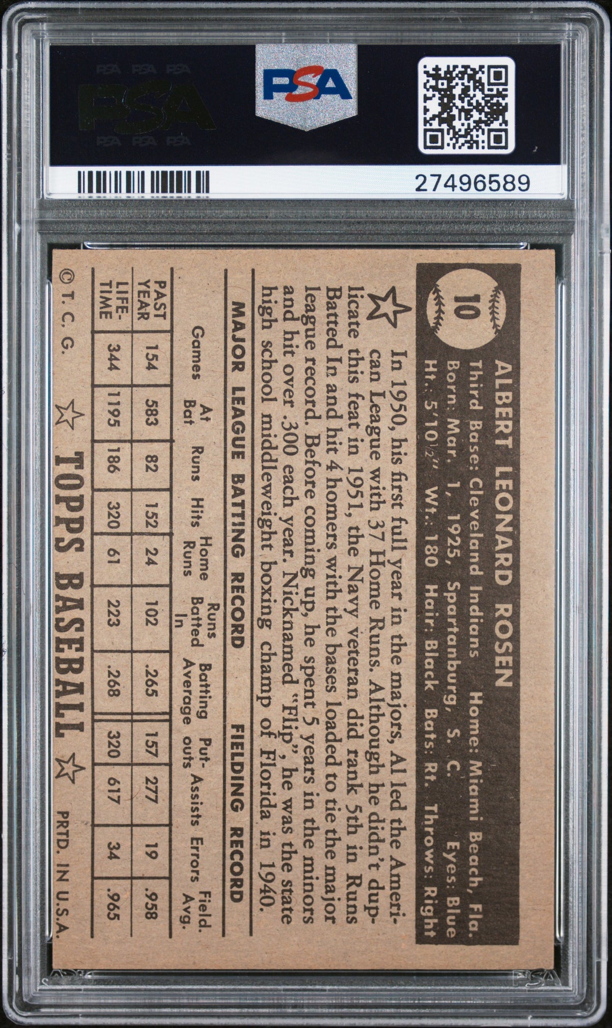 1952 Topps Al Rosen #10 Black Back PSA 7