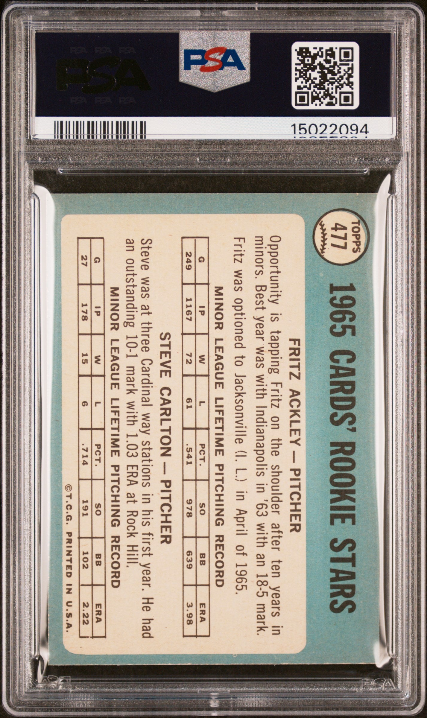 1965 Topps Cardinals Rookies #477 F. Ackley S. Carlton PSA 8