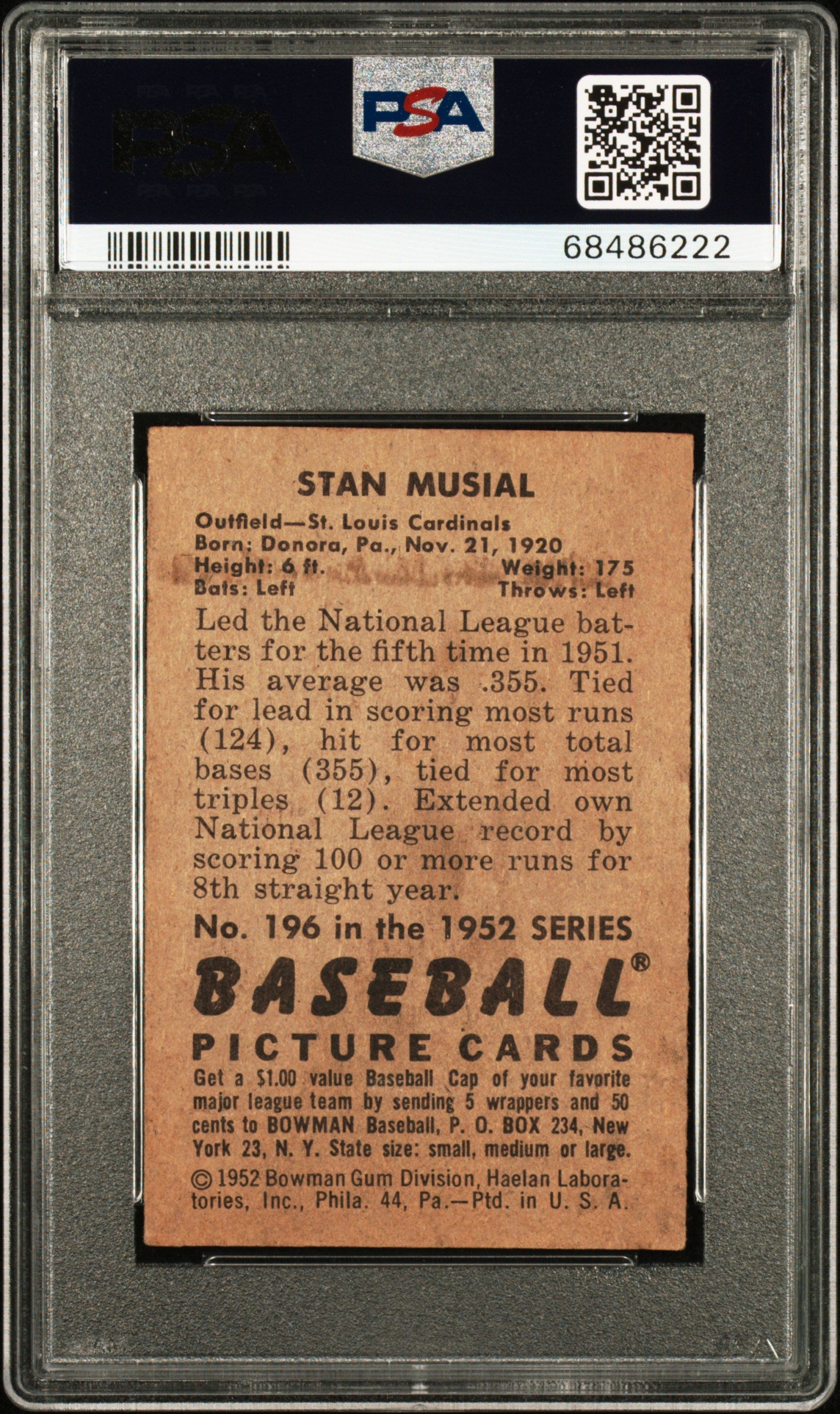 1952 Bowman Stan Musial #196 PSA 4