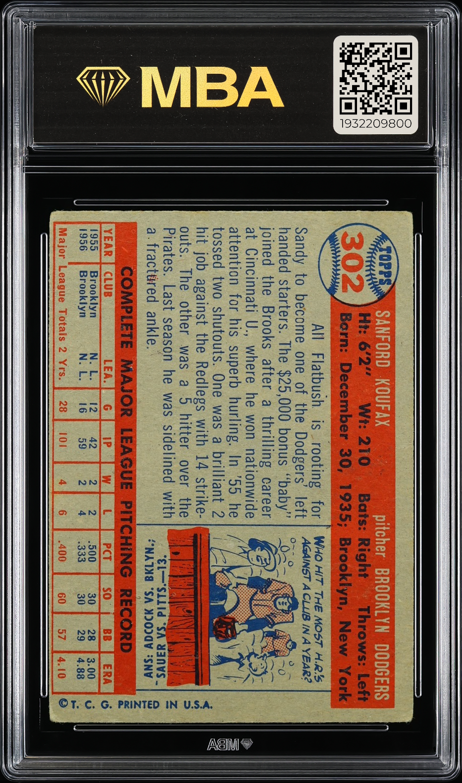 1957 Topps Sandy Koufax #302 MBA 2