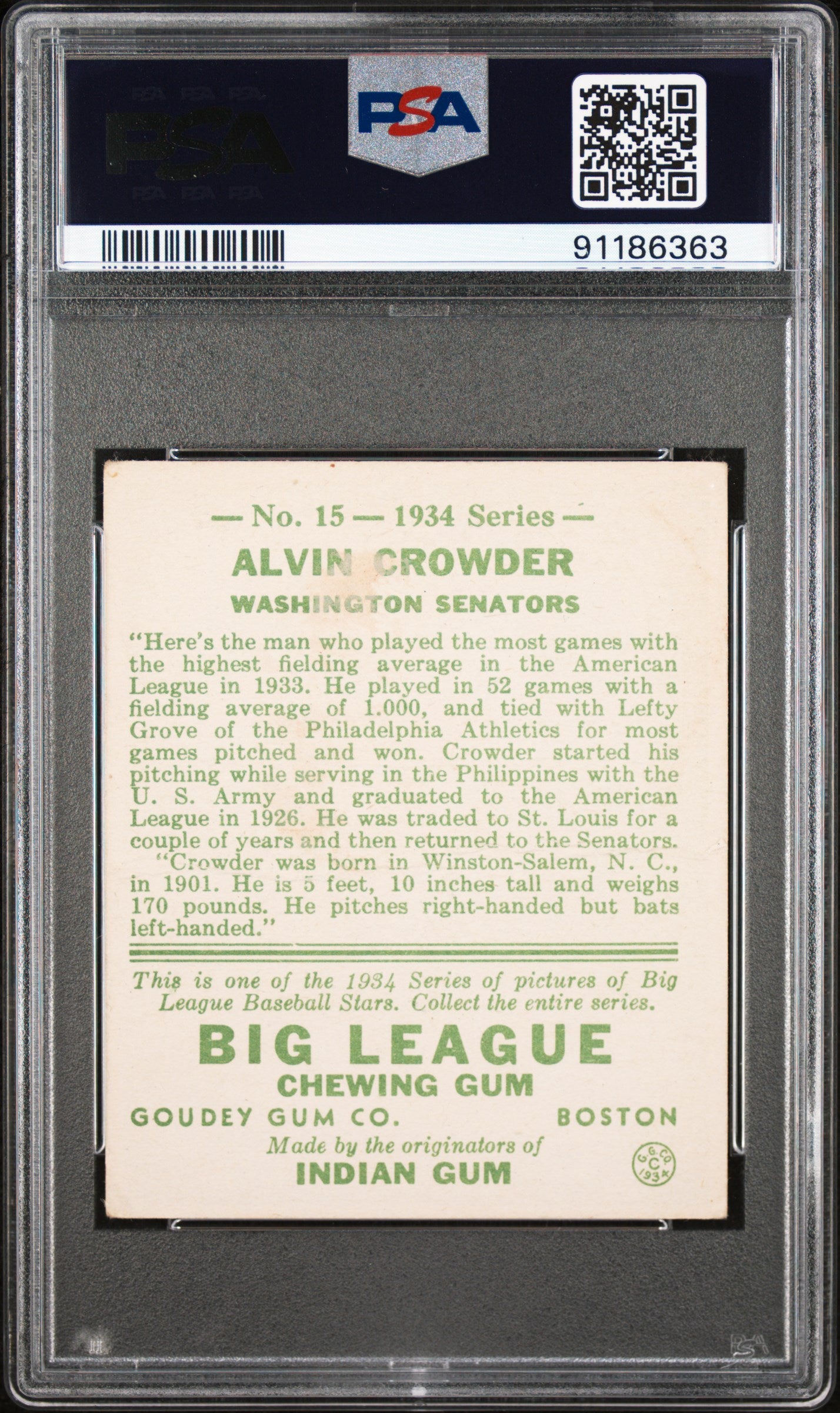 1934 Goudey Alvin Crowder #15 PSA 1