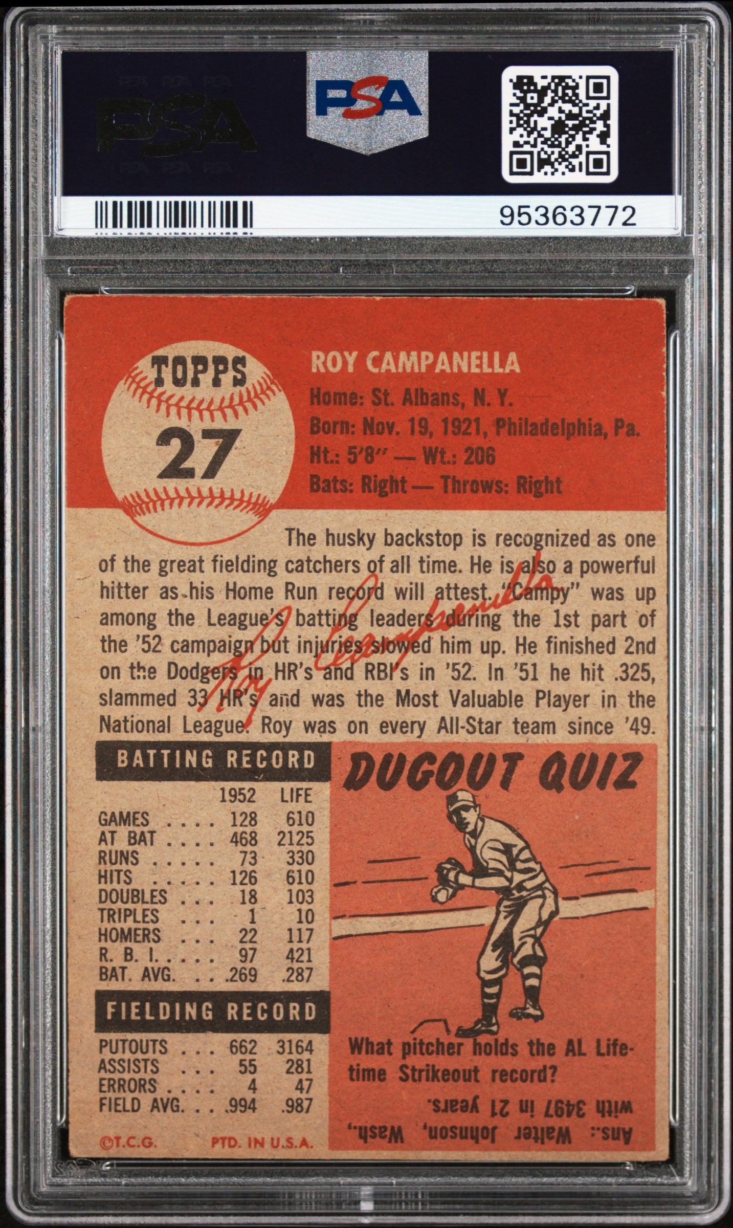 1953 Topps Roy Campanella #27 PSA 3