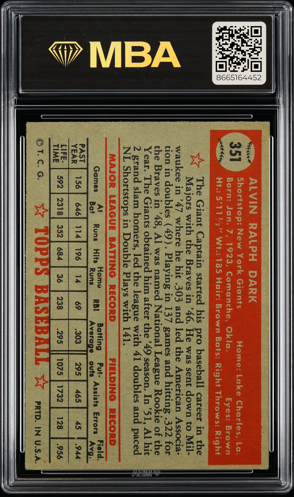 1952 Topps Al Dark #351 MBA 4