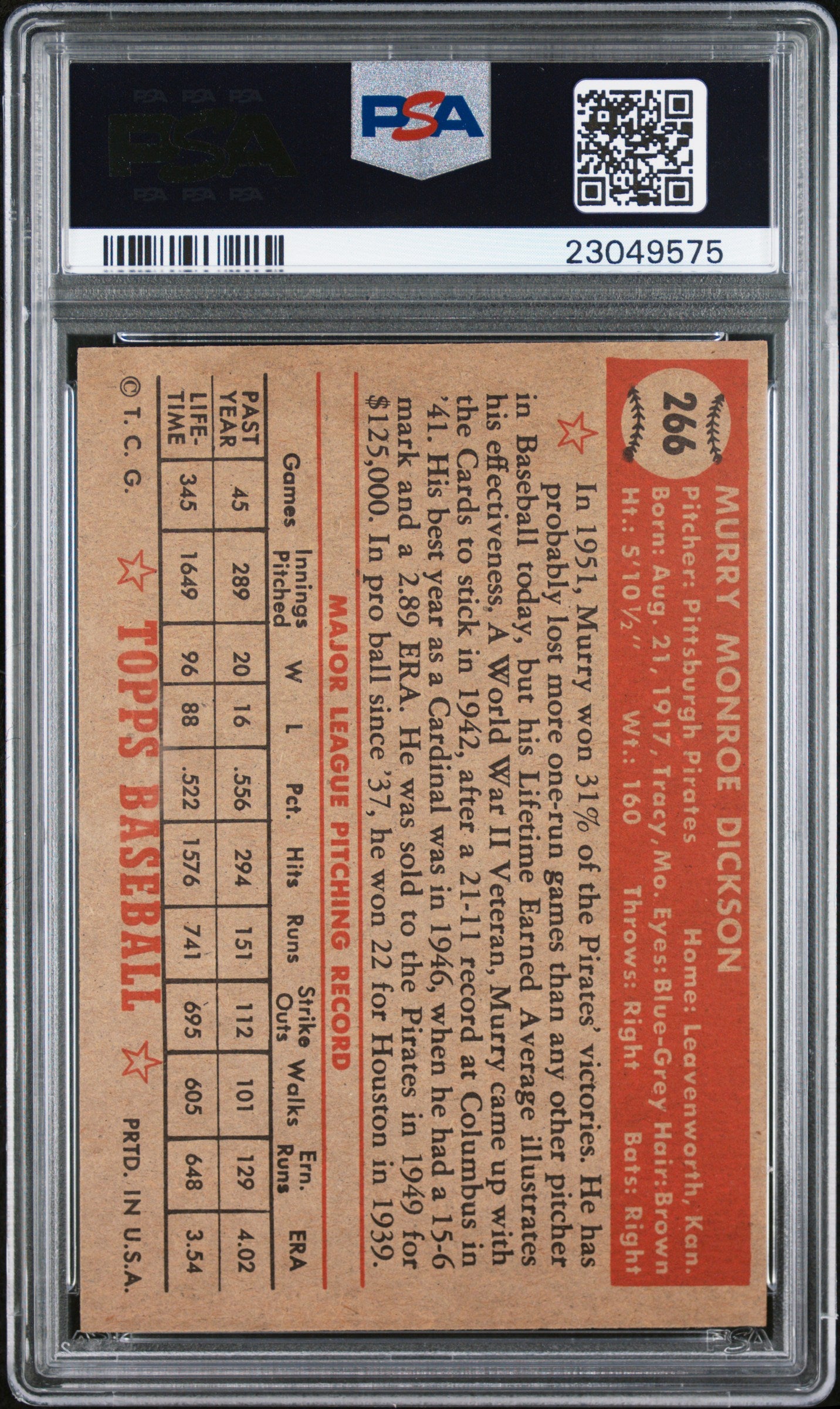 1952 Topps Murry Dickson #266 PSA 7