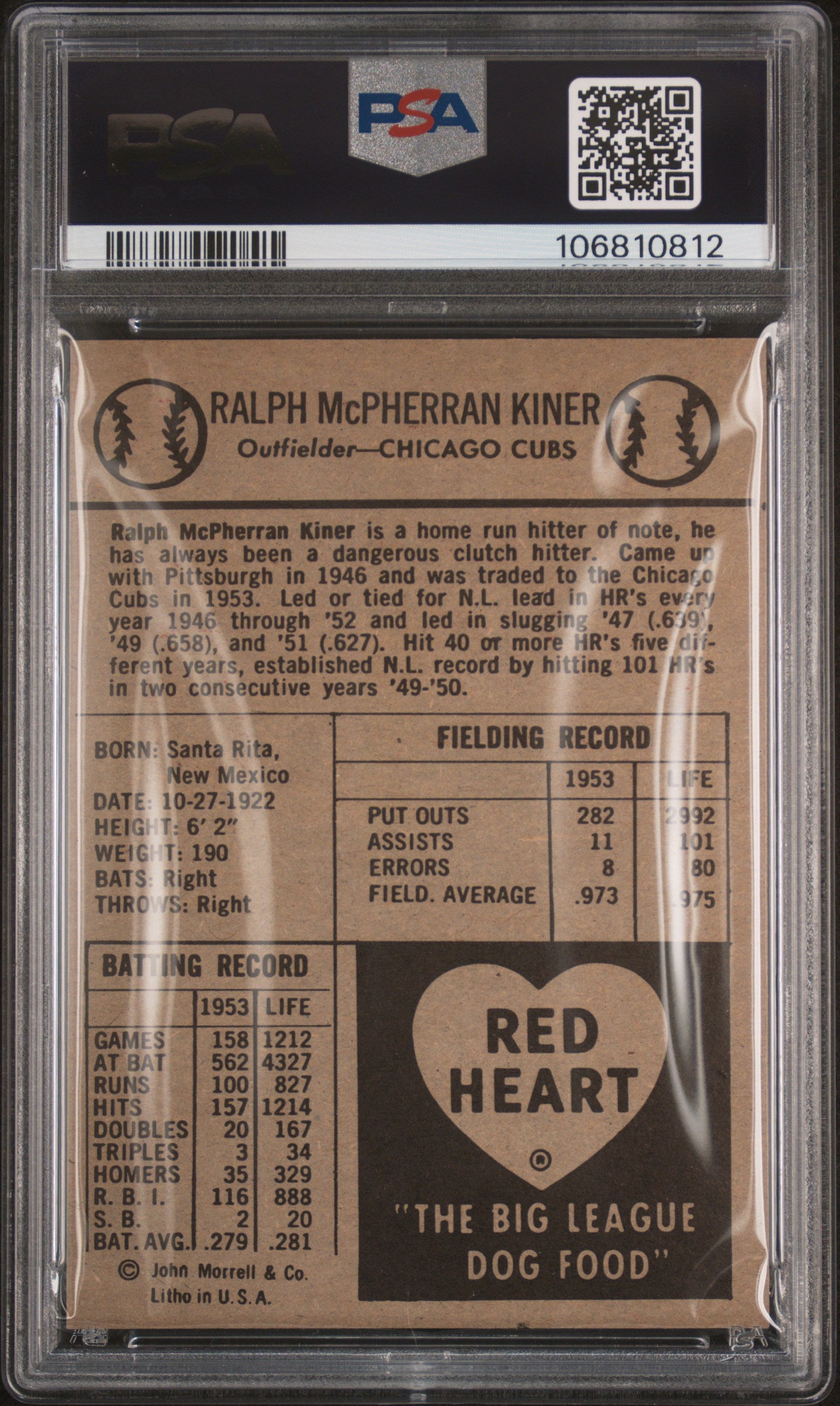 1954 Red Heart Ralph Kiner PSA 8
