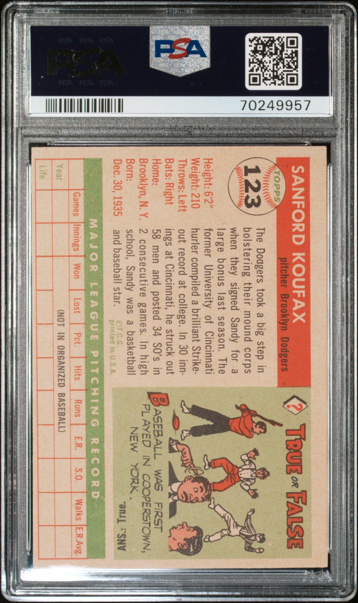 1955 Topps Sandy Koufax #123 PSA 5