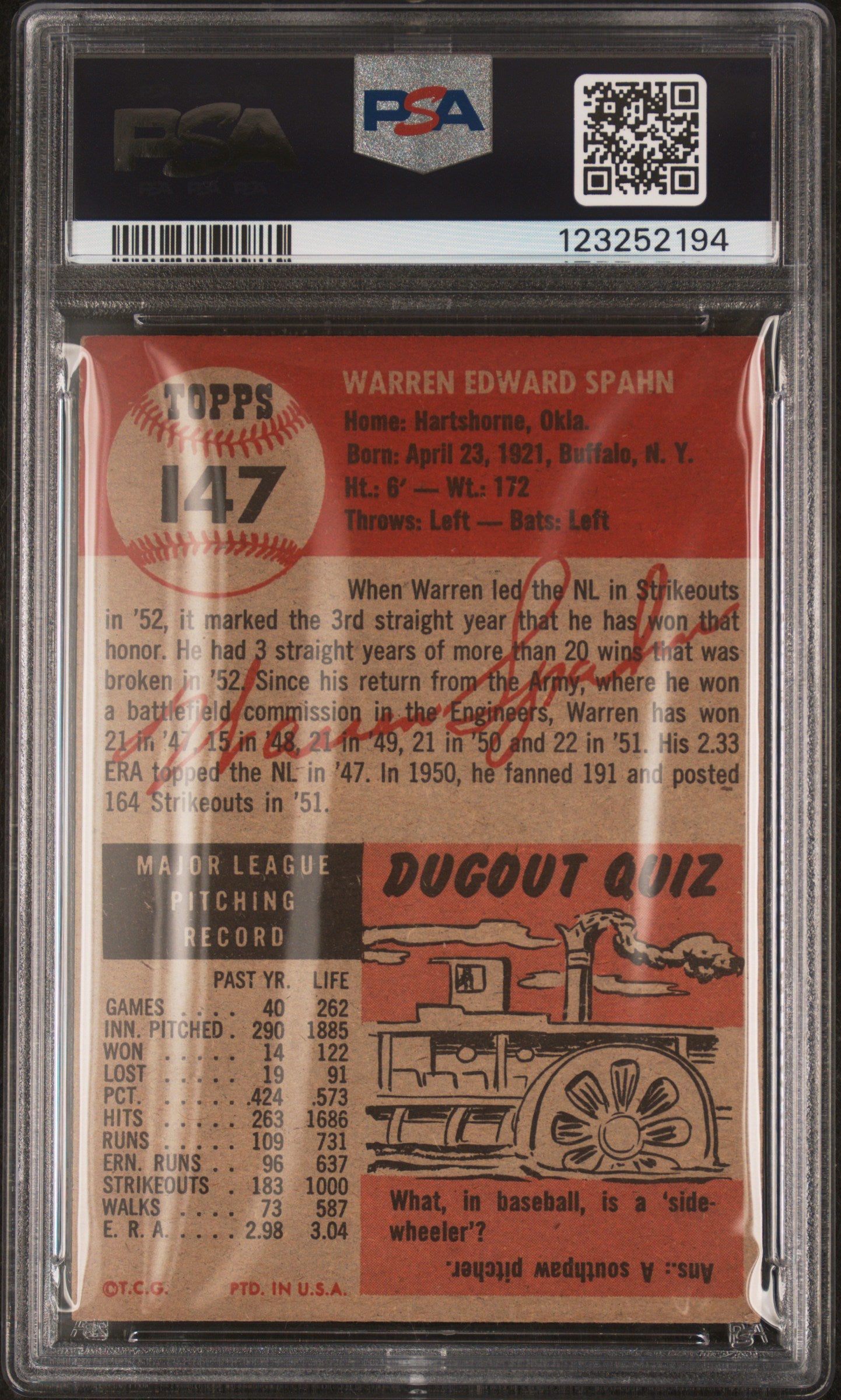1953 Topps Warren Spahn #147 PSA 4.5