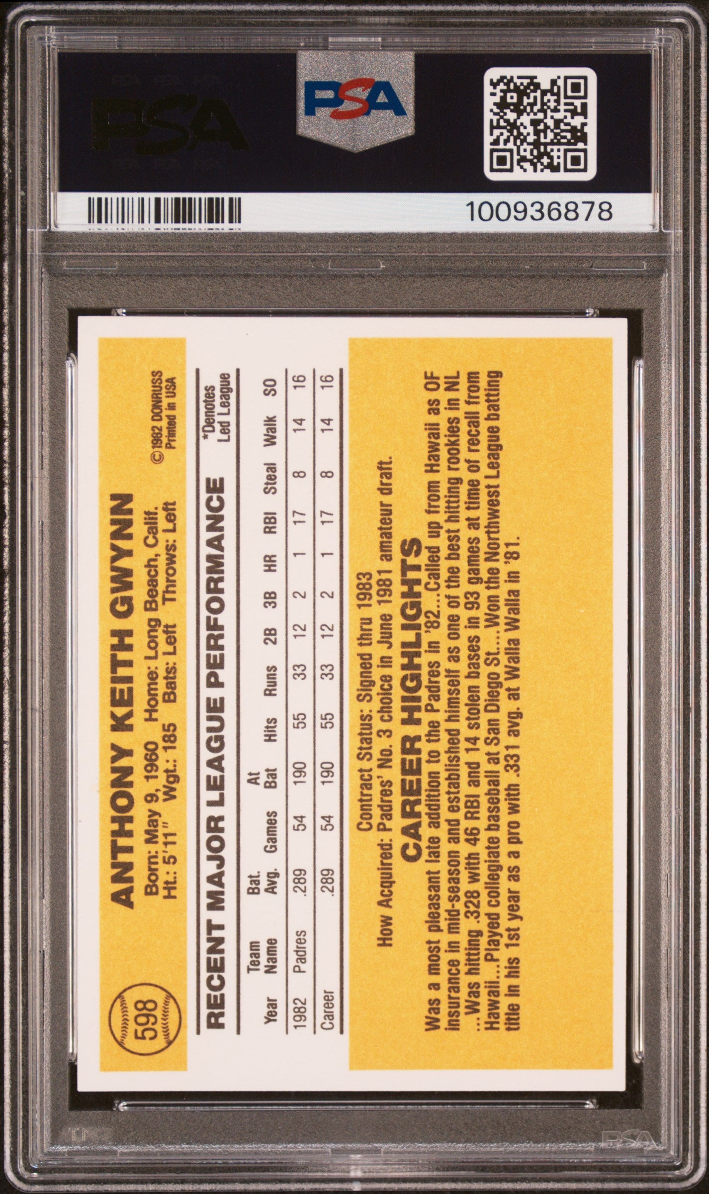 1983 Donruss Tony Gwynn #598 PSA 10