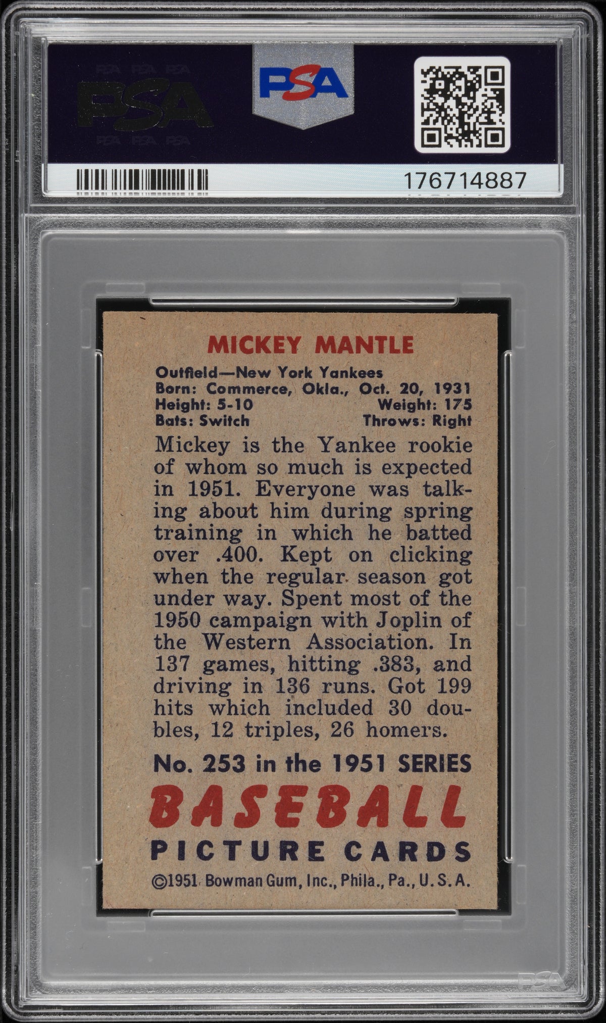 1951 Bowman Mickey Mantle #253 PSA 5 MC
