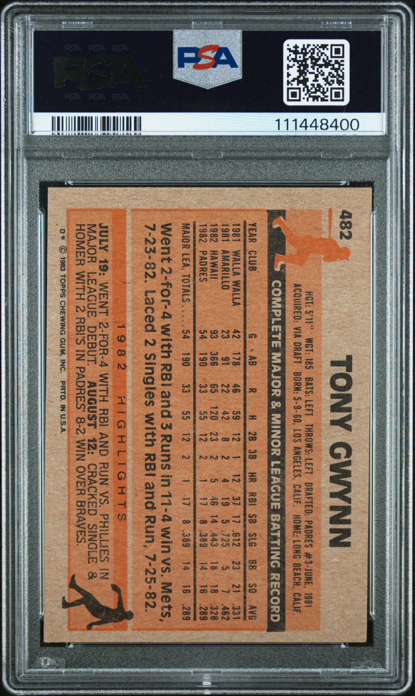 1983 Topps Tony Gwynn #482 PSA A Auto 9