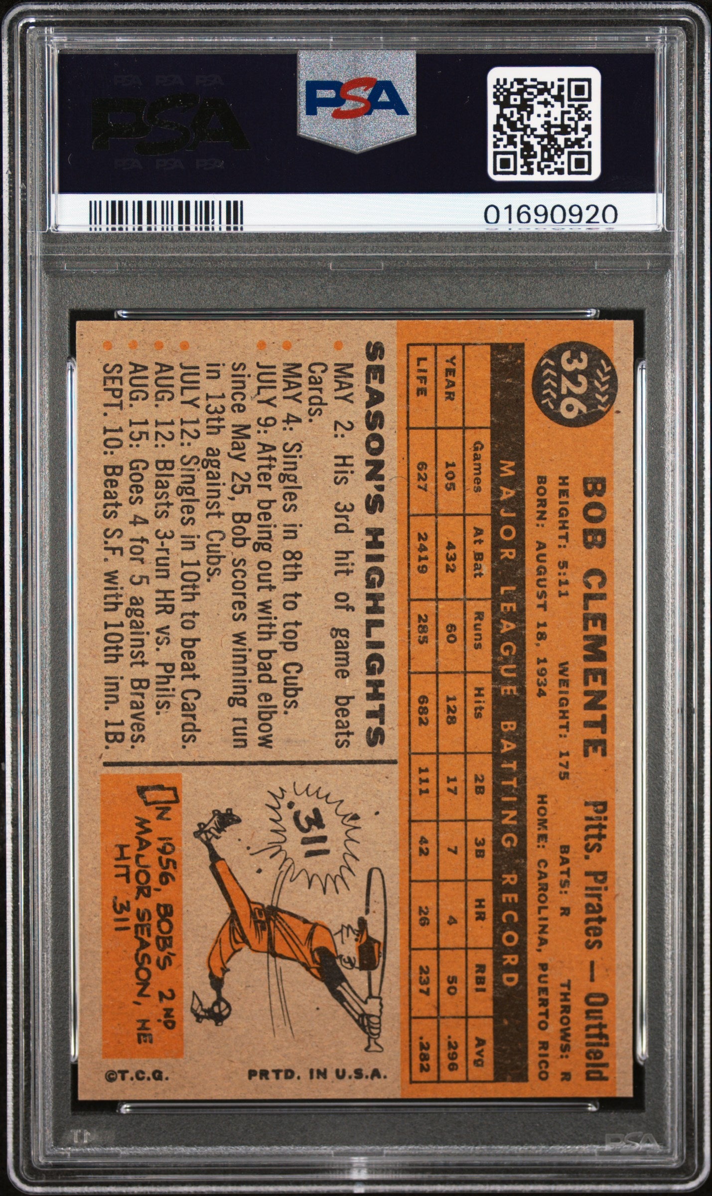 1960 Topps Bob Clemente #326 PSA 8
