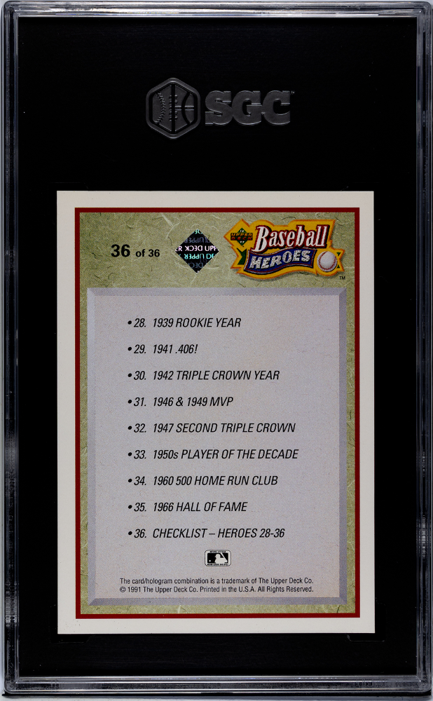 1992 Upper Deck Ted Williams #36 Baseball Heroes Autograph 2500 SGC 8.5 Auto 10