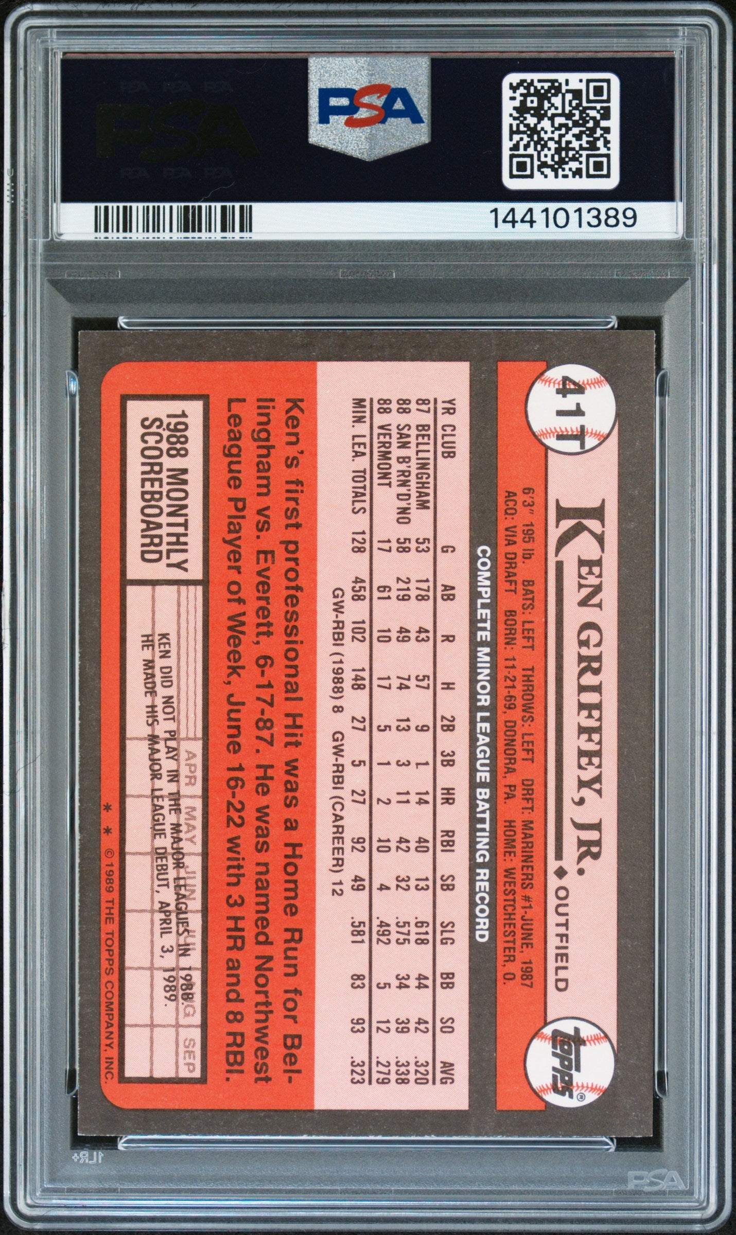 1989 Topps Traded Ken Griffey JR. #41T PSA 9 Auto 10