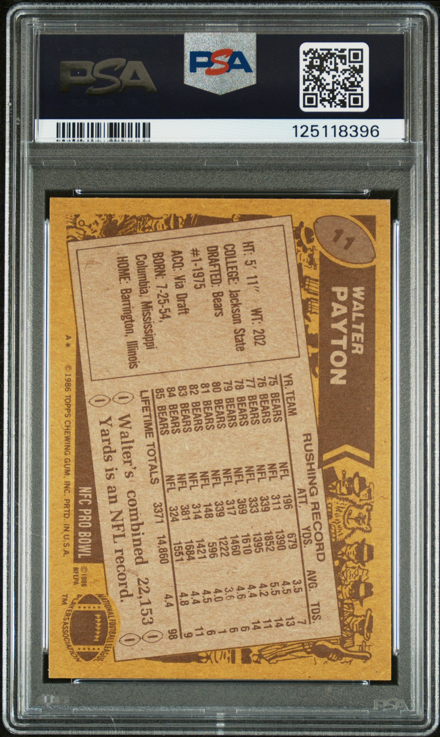 1986 Topps Walter Payton #11 PSA 7 Auto 10