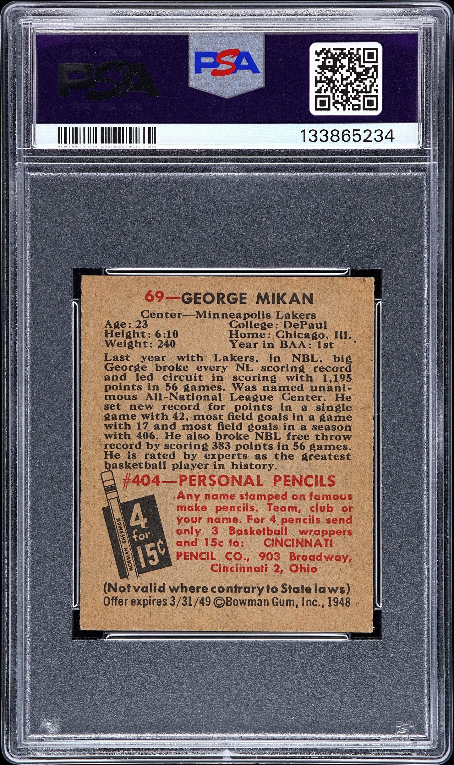 1948 Bowman George Mikan #69 PSA 5