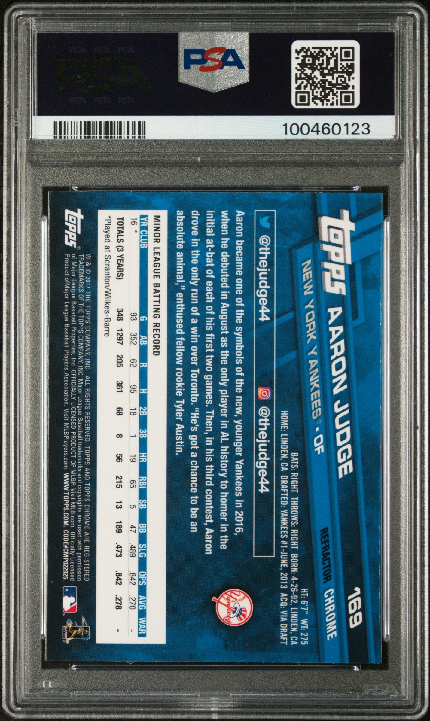 2017 Topps Chrome Aaron Judge #169 Refractor PSA 10