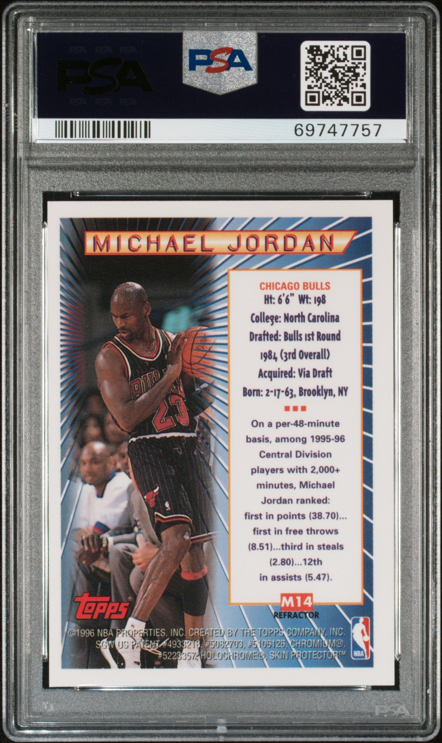 1996 Topps Mystery Finest Michael Jordan #M14 Bordered Refractor PSA 9