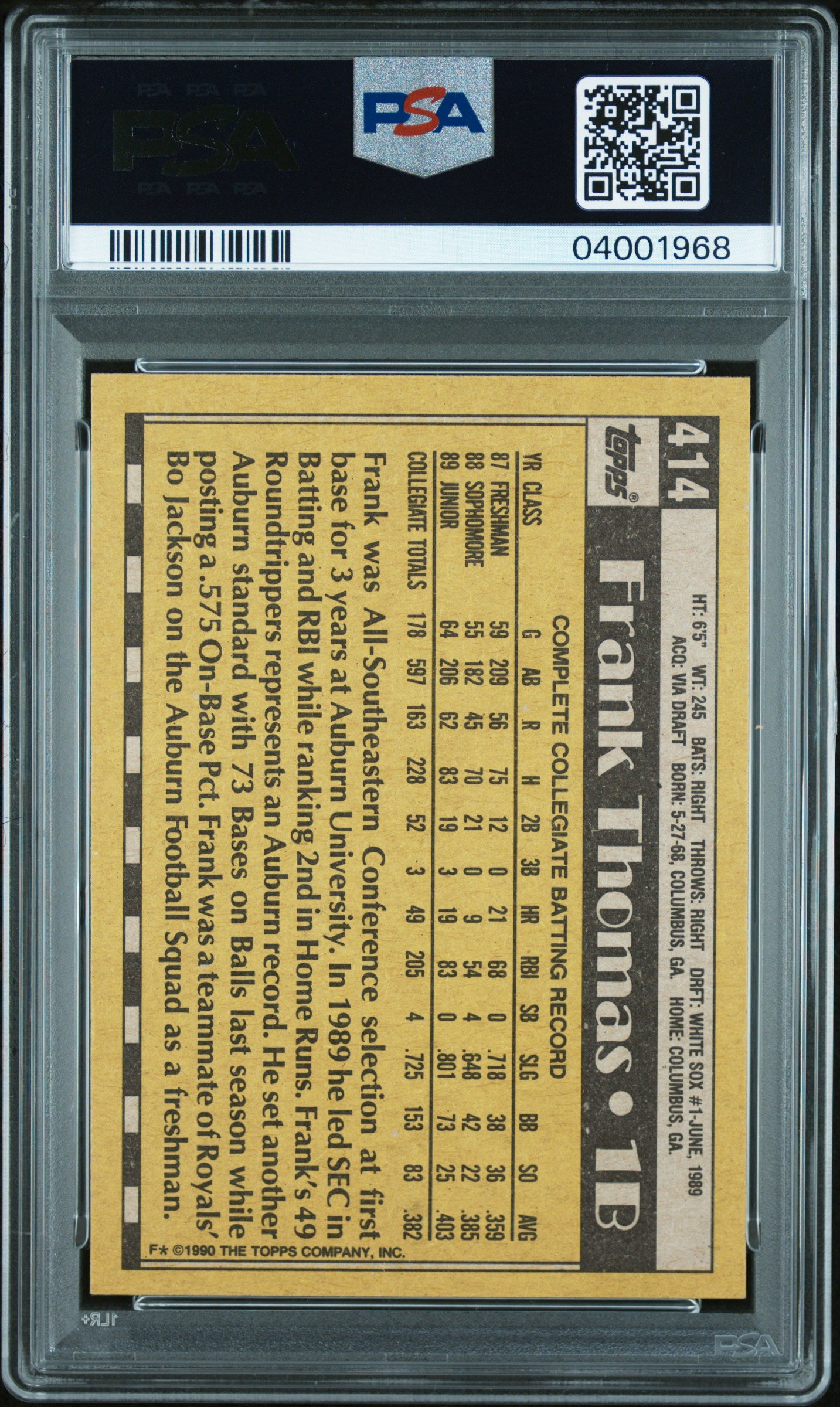 1990 Topps Frank Thomas #414 No Name On Front PSA 8