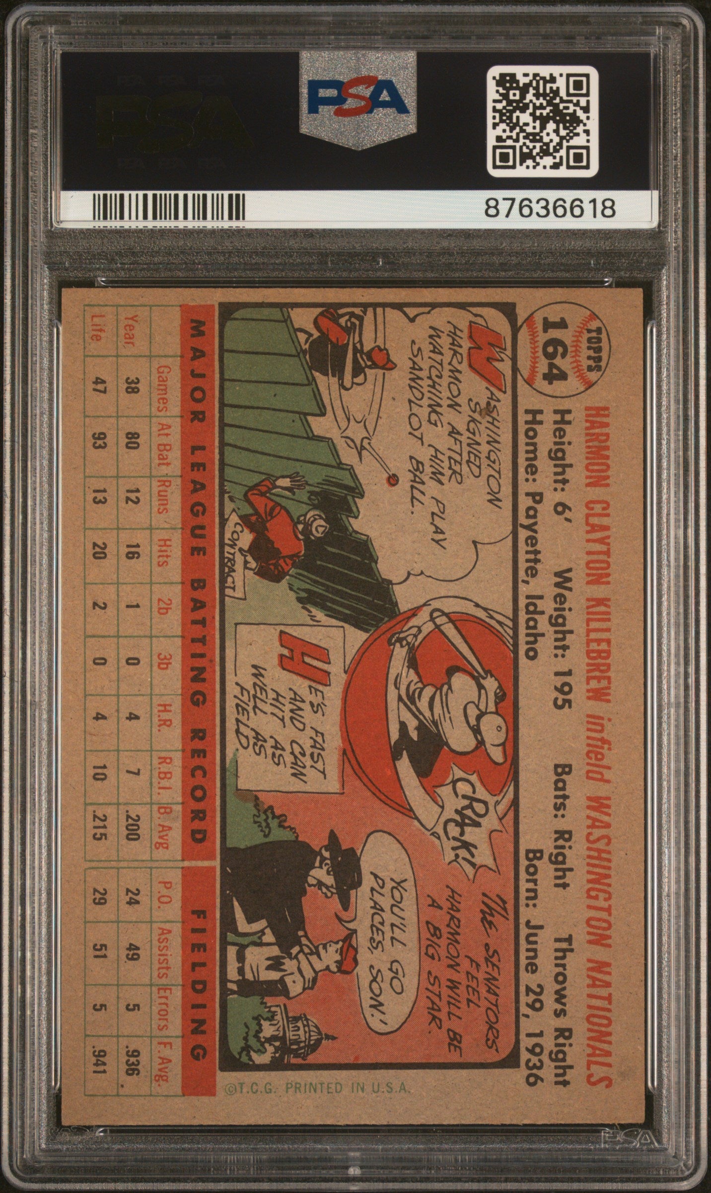 1956 Topps Harmon Killebrew #164 Gray Back PSA 6
