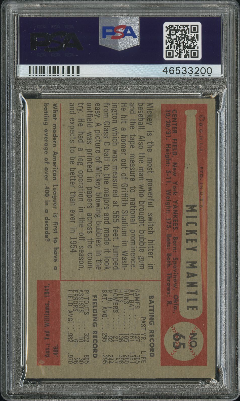 1954 Bowman Mickey Mantle #65 PSA 5