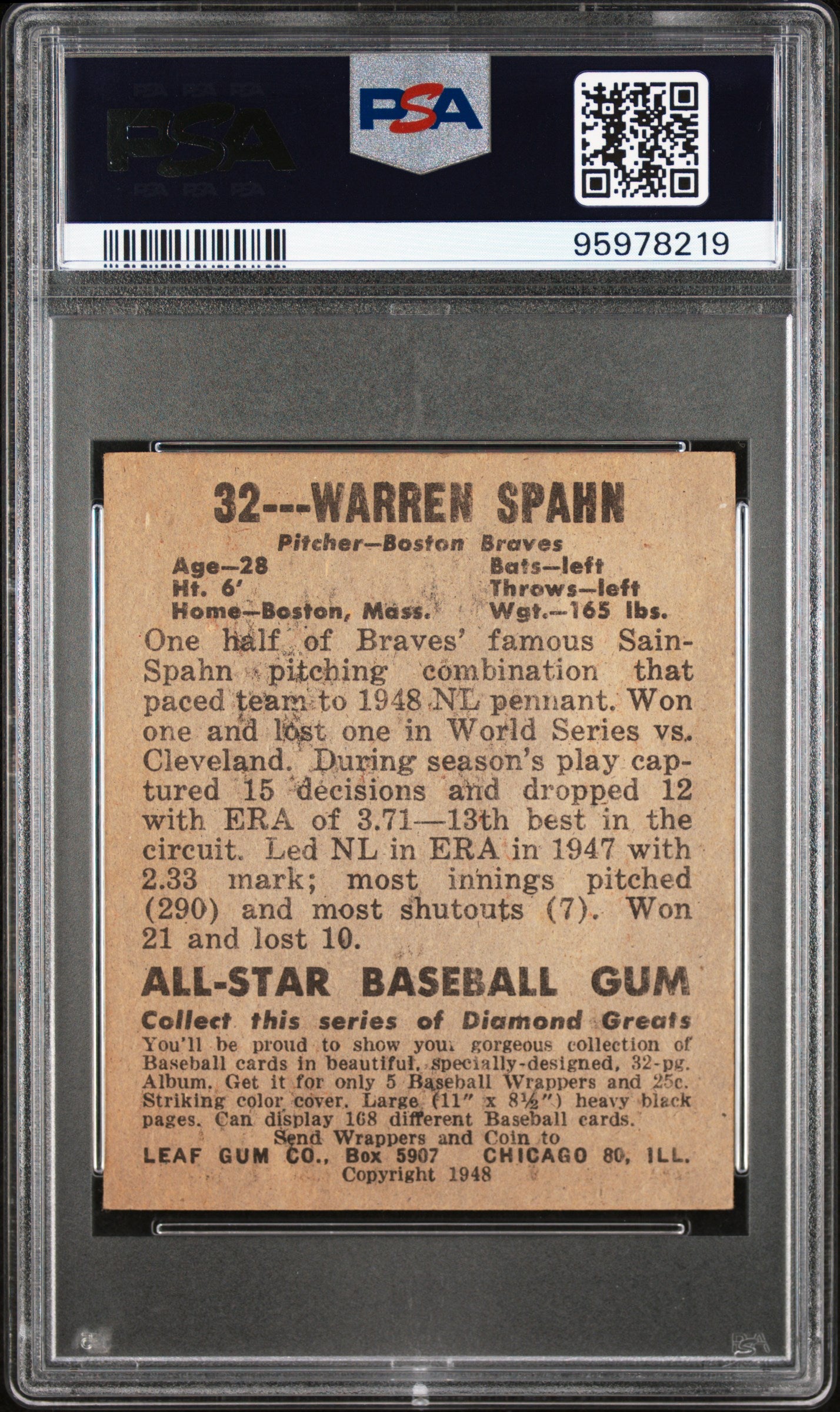 1948 Leaf Warren Spahn #32 PSA 5