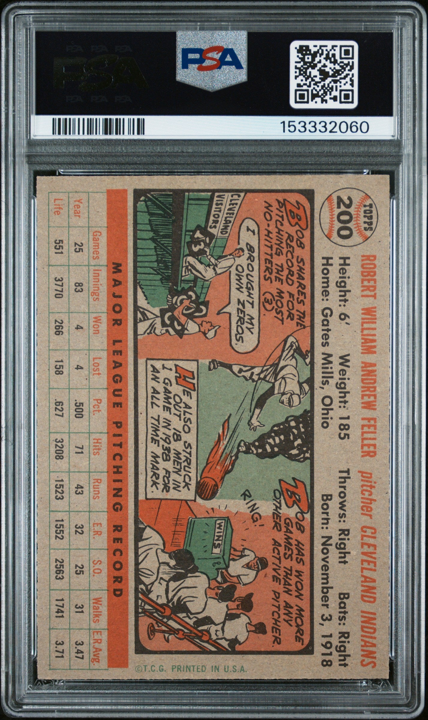 1956 Topps Bob Feller #200 PSA 5
