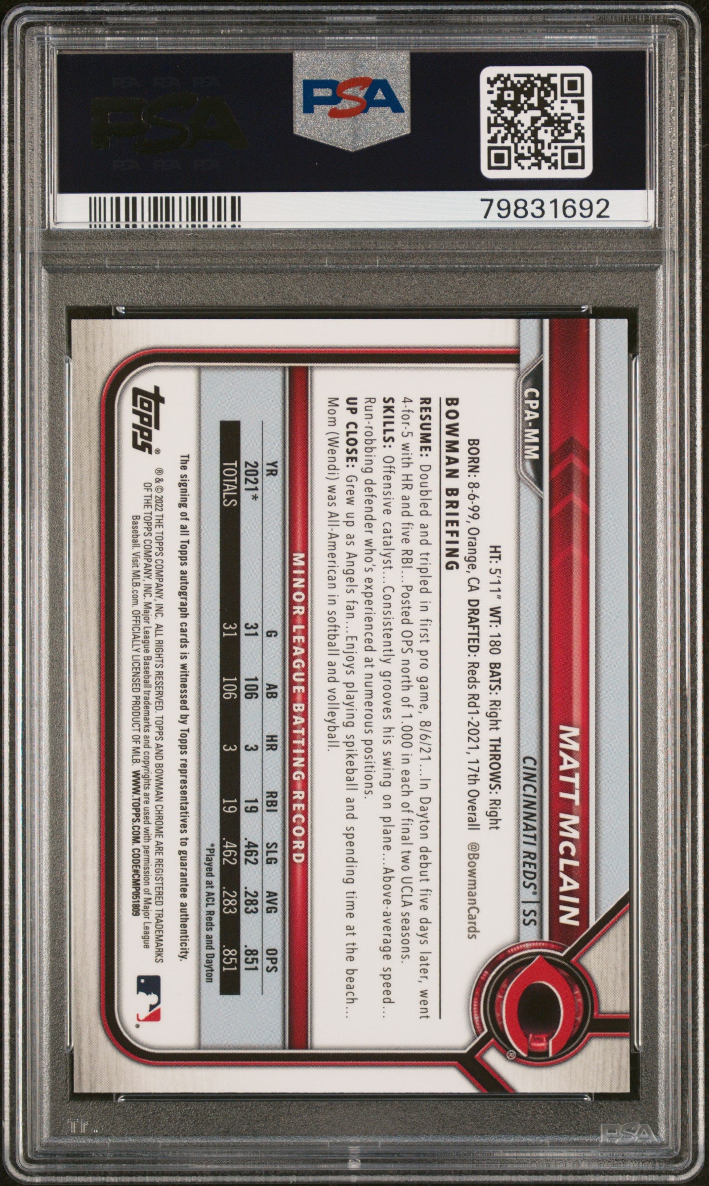 2022 Bowman Chrome Prospect Matt Mclain #CPAMM Yellow Refractor 07/75 PSA 10