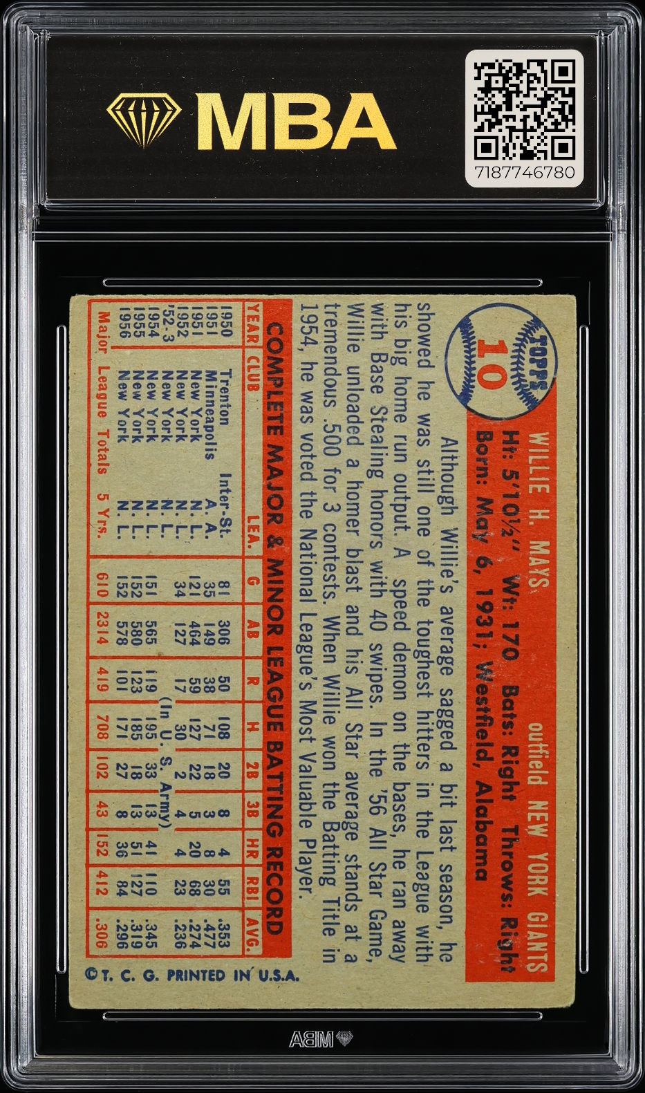 1957 Topps Willie Mays #10 MBA 3