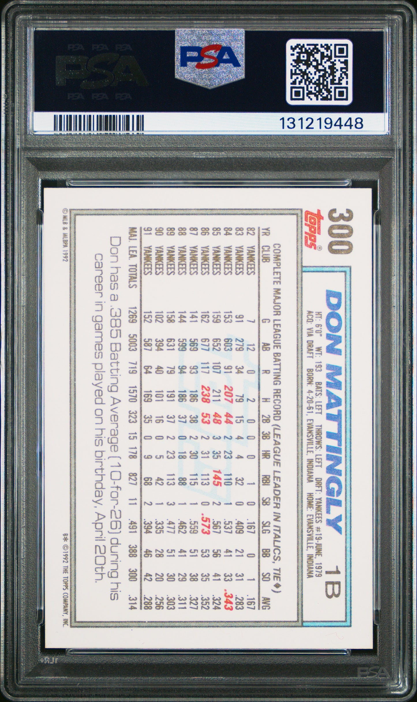1992 Topps Don Mattingly #300 PSA 10