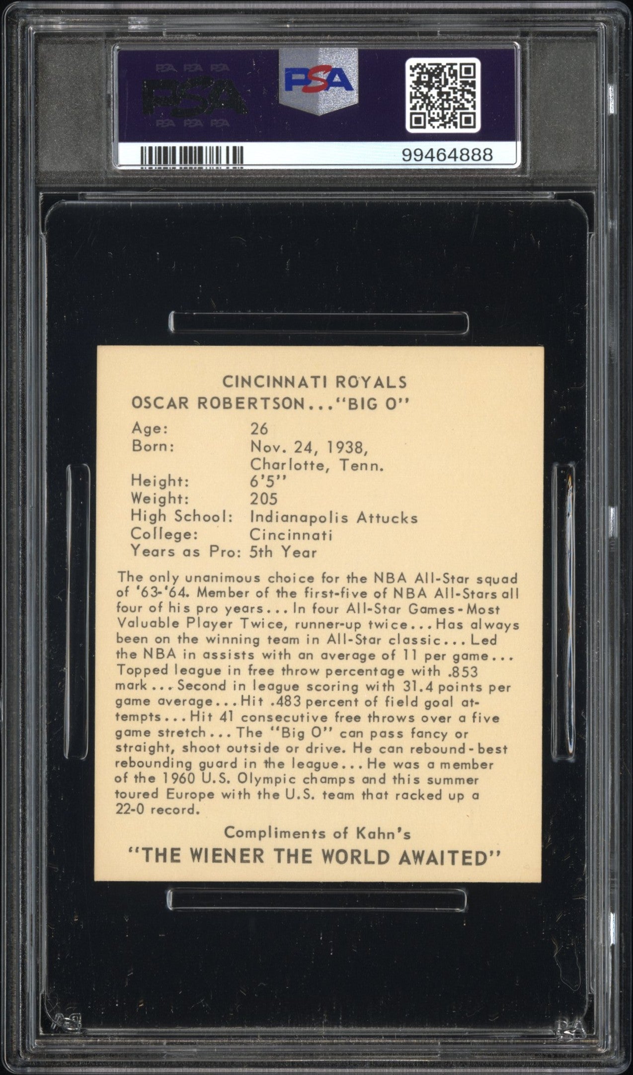 1964 Kahn's Wieners Oscar Robertson PSA 6