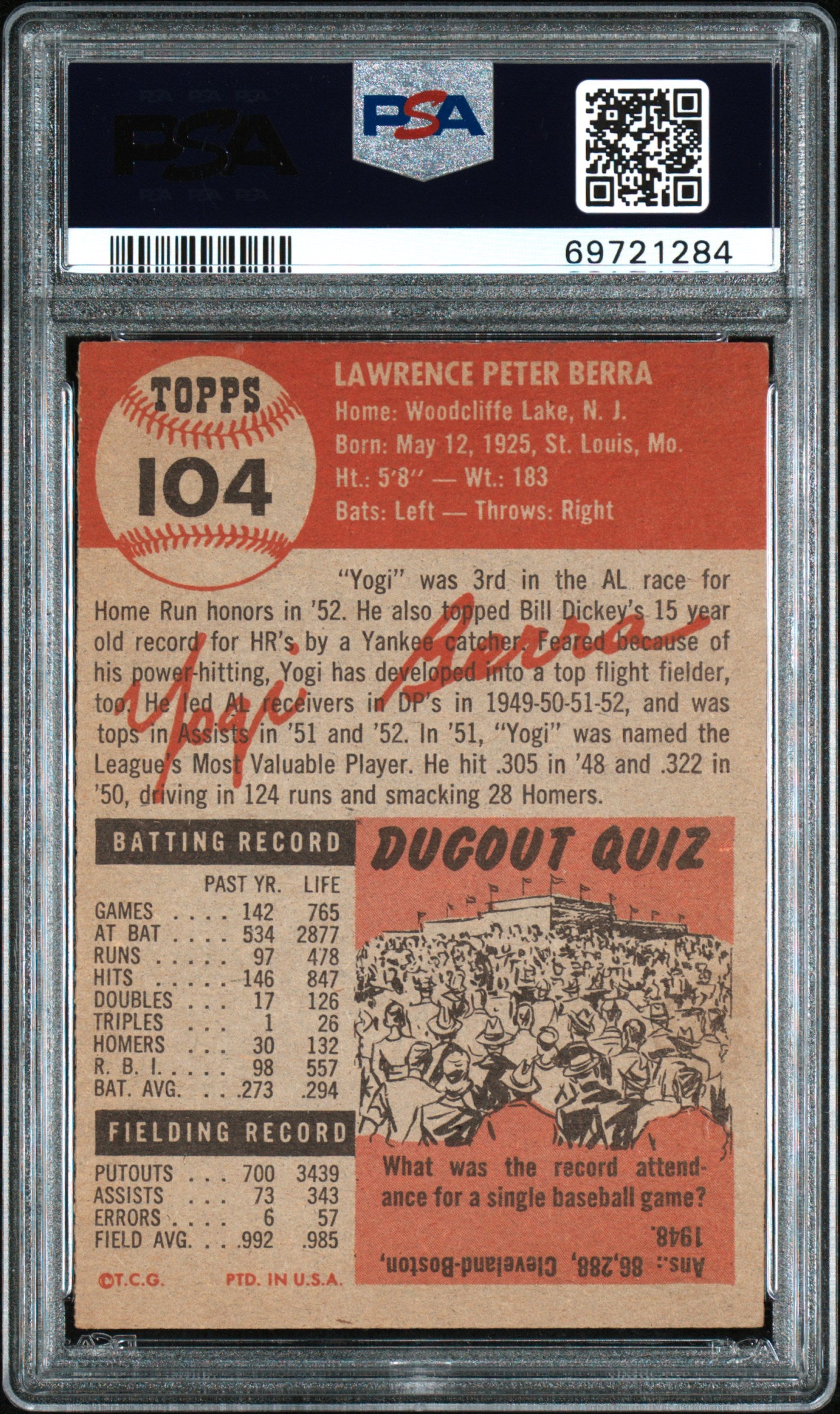 1953 Topps Yogi Berra #104 PSA 6 MC