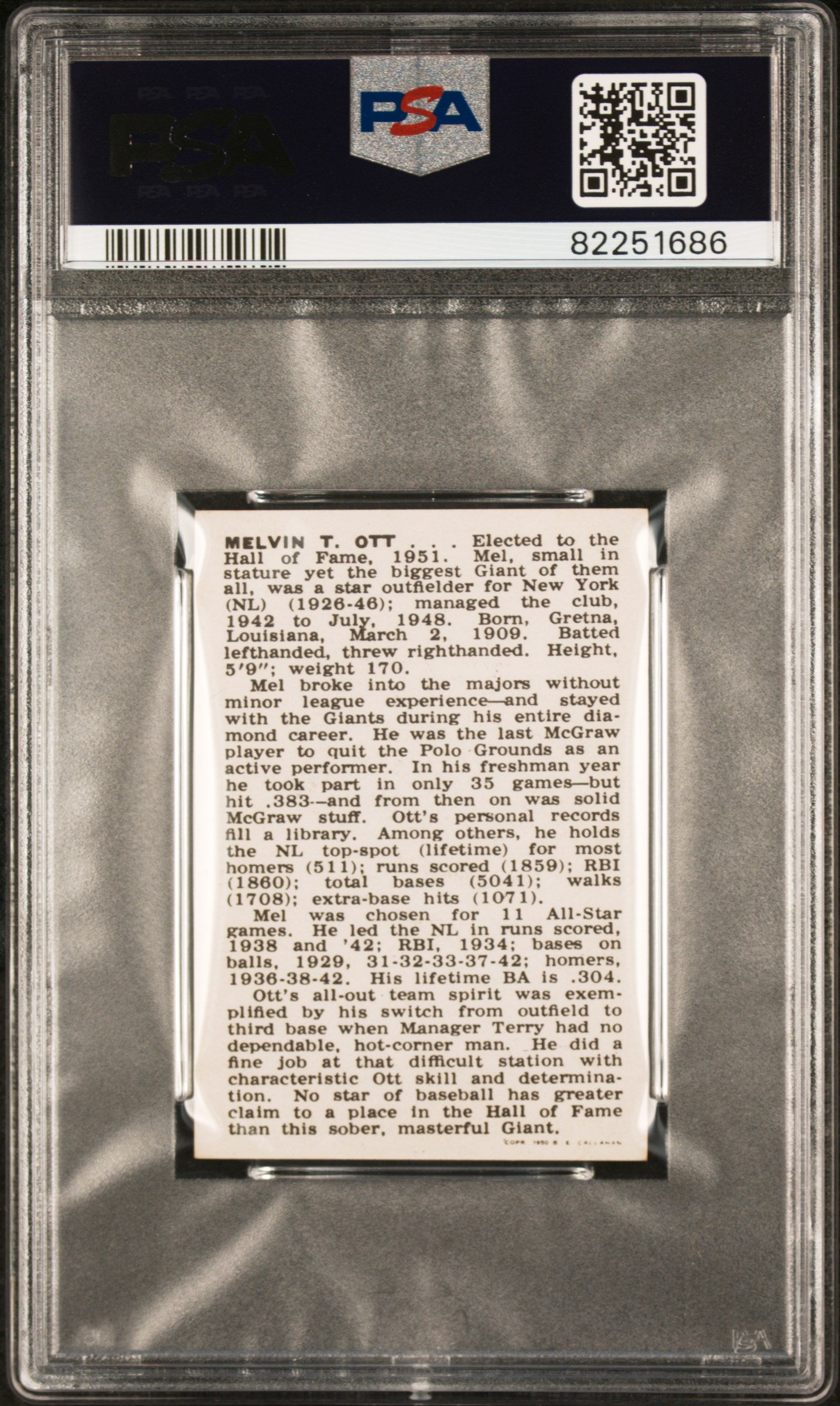 1950-56 Callahan Hall Of Fame Mel Ott PSA 8