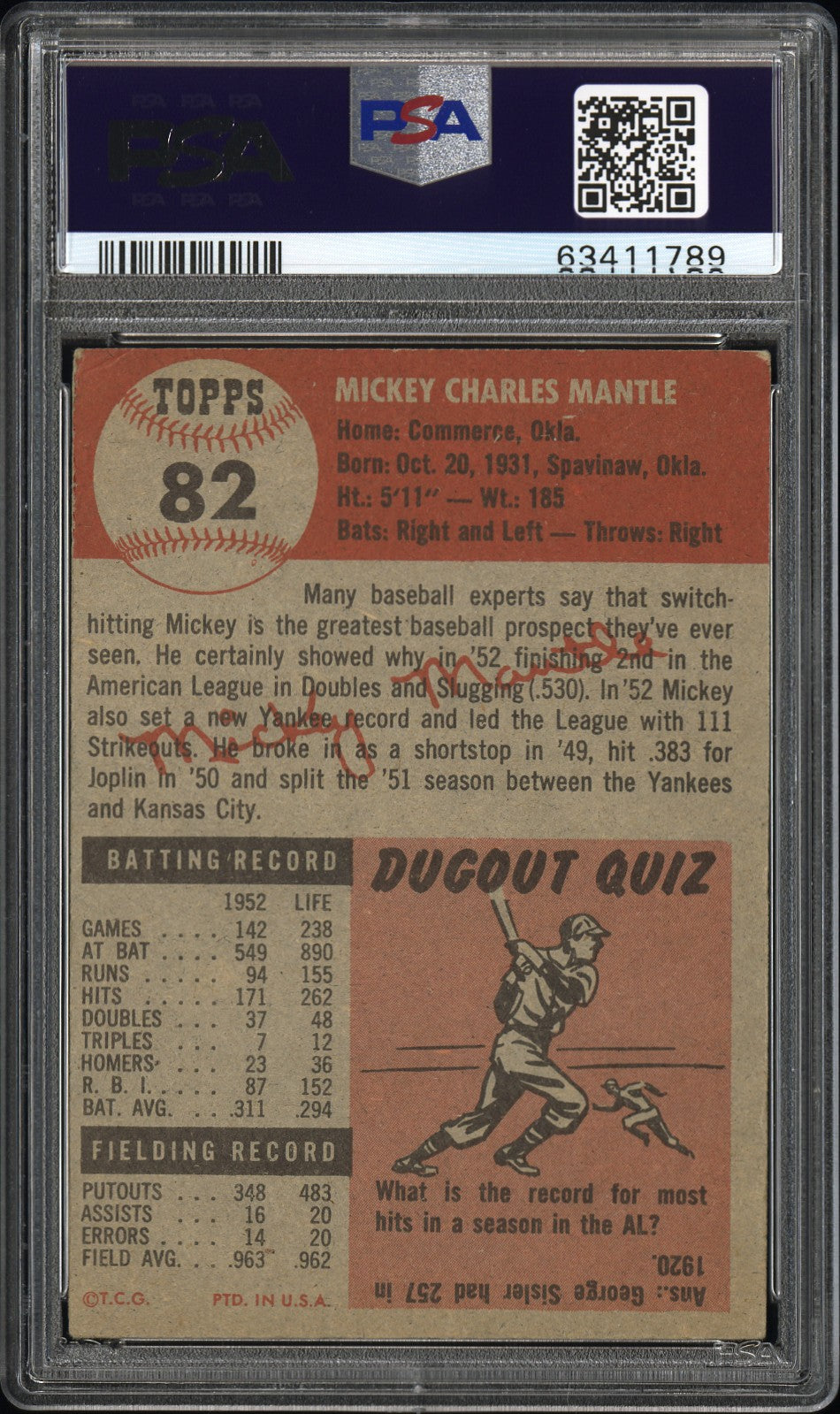 1953 Topps Mickey Mantle #82 PSA 3.5