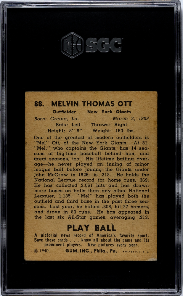 1940 Playball Mel Ott #88 SGC 4