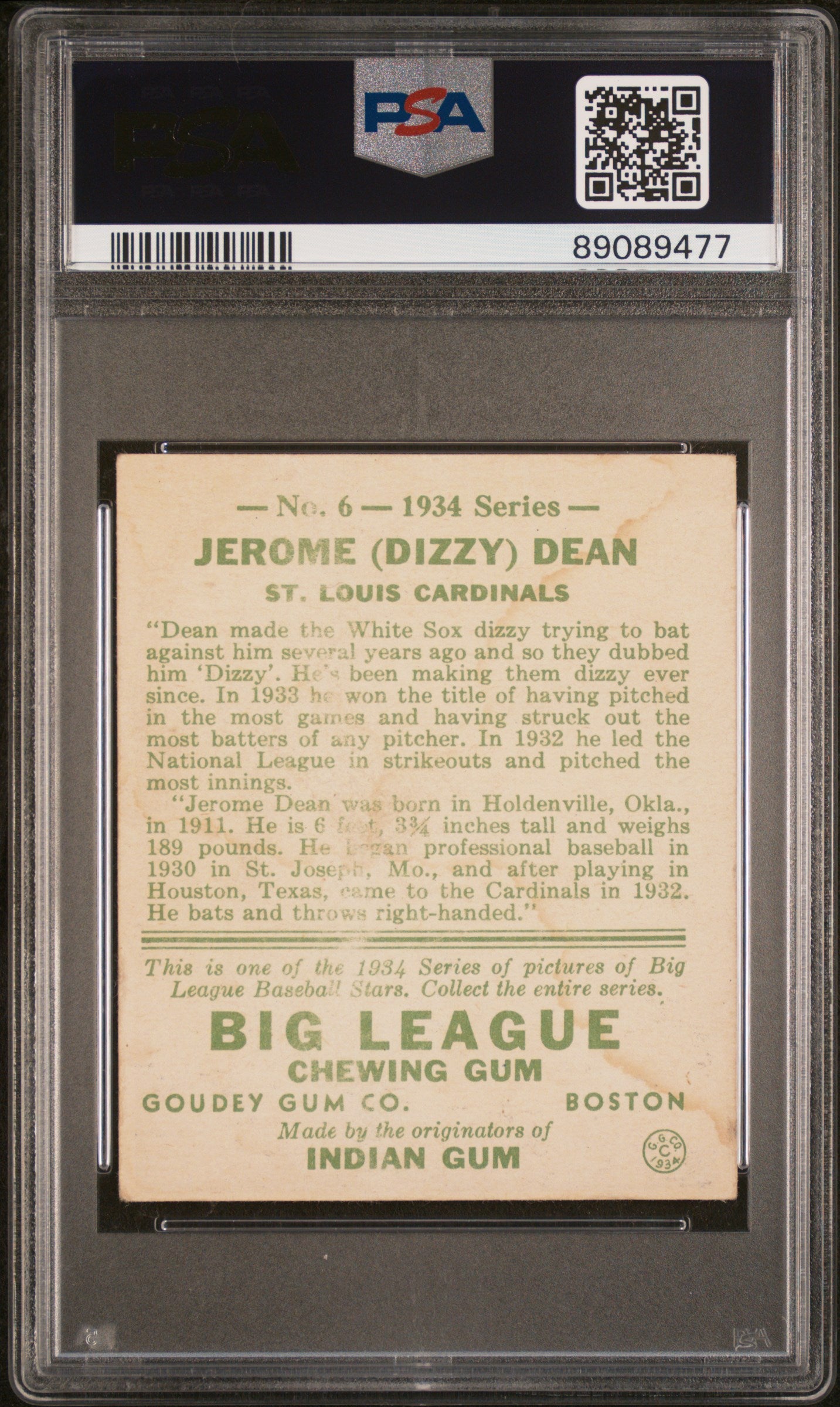 1934 Goudey Dizzy Dean #6 PSA 1.5