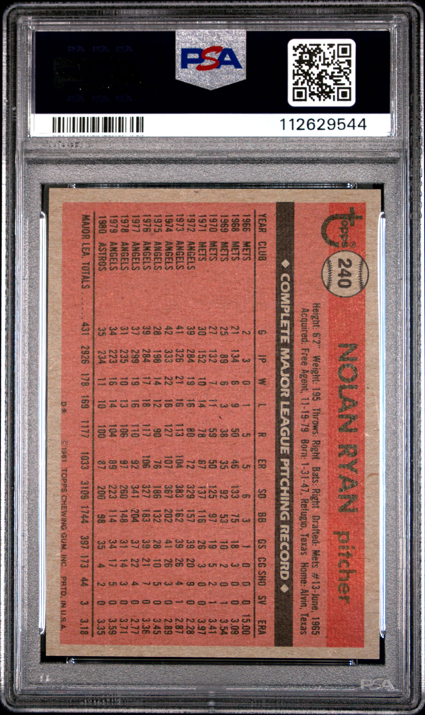 1981 Topps Nolan Ryan #240 PSA 9