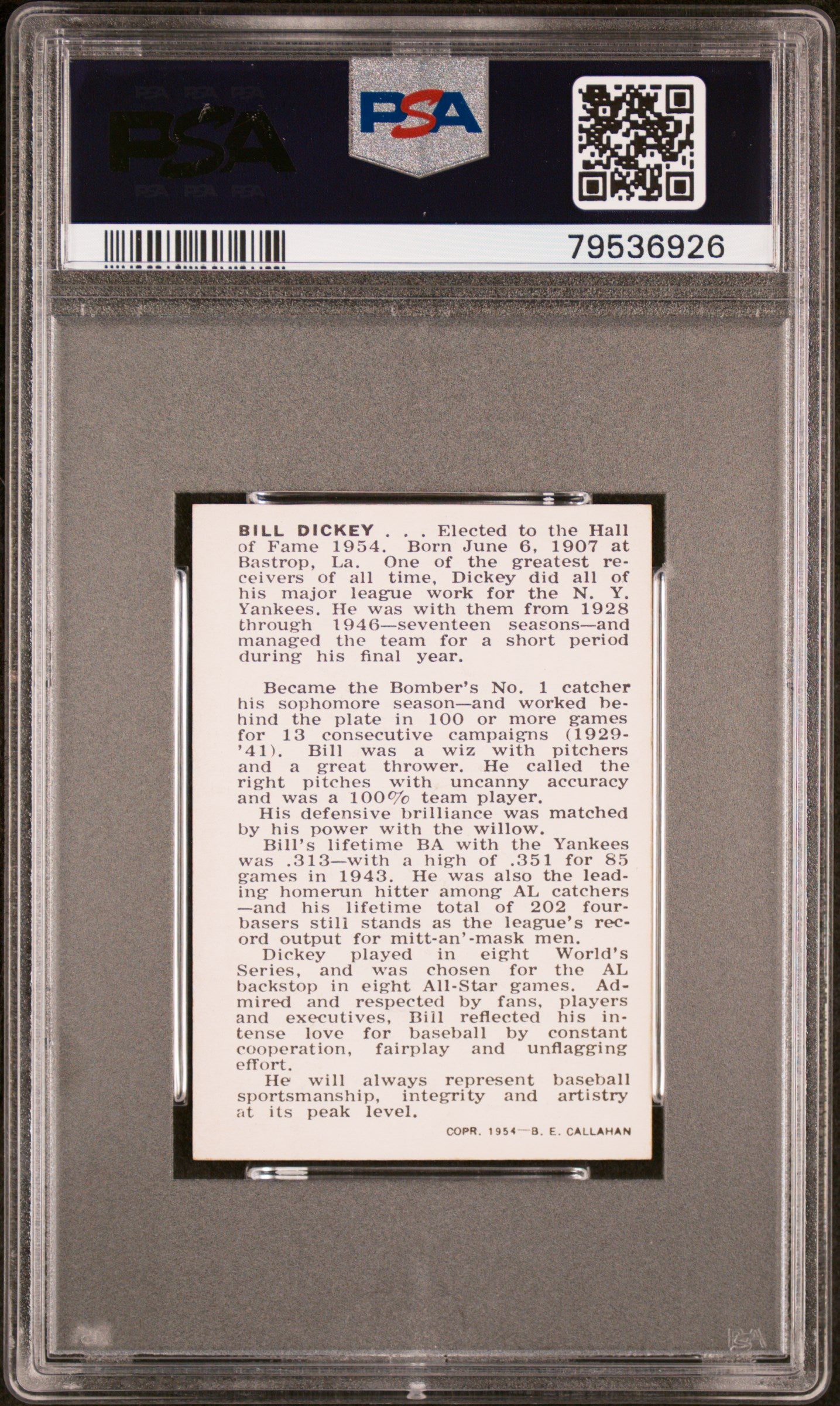 1950-56 Callahan Hall Of Fame Bill Dickey 1st Para. Ends.. . During PSA 8