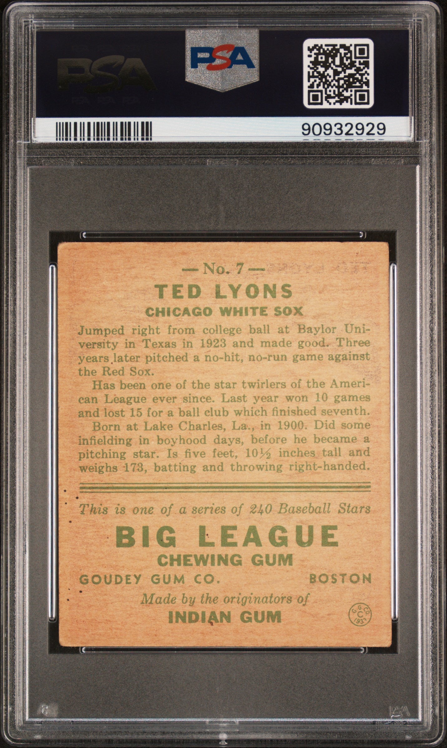 1933 Goudey Ted Lyons #7 PSA 2