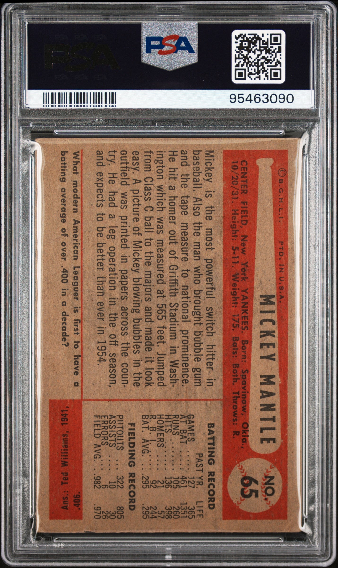 1954 Bowman Mickey Mantle #65 PSA 2