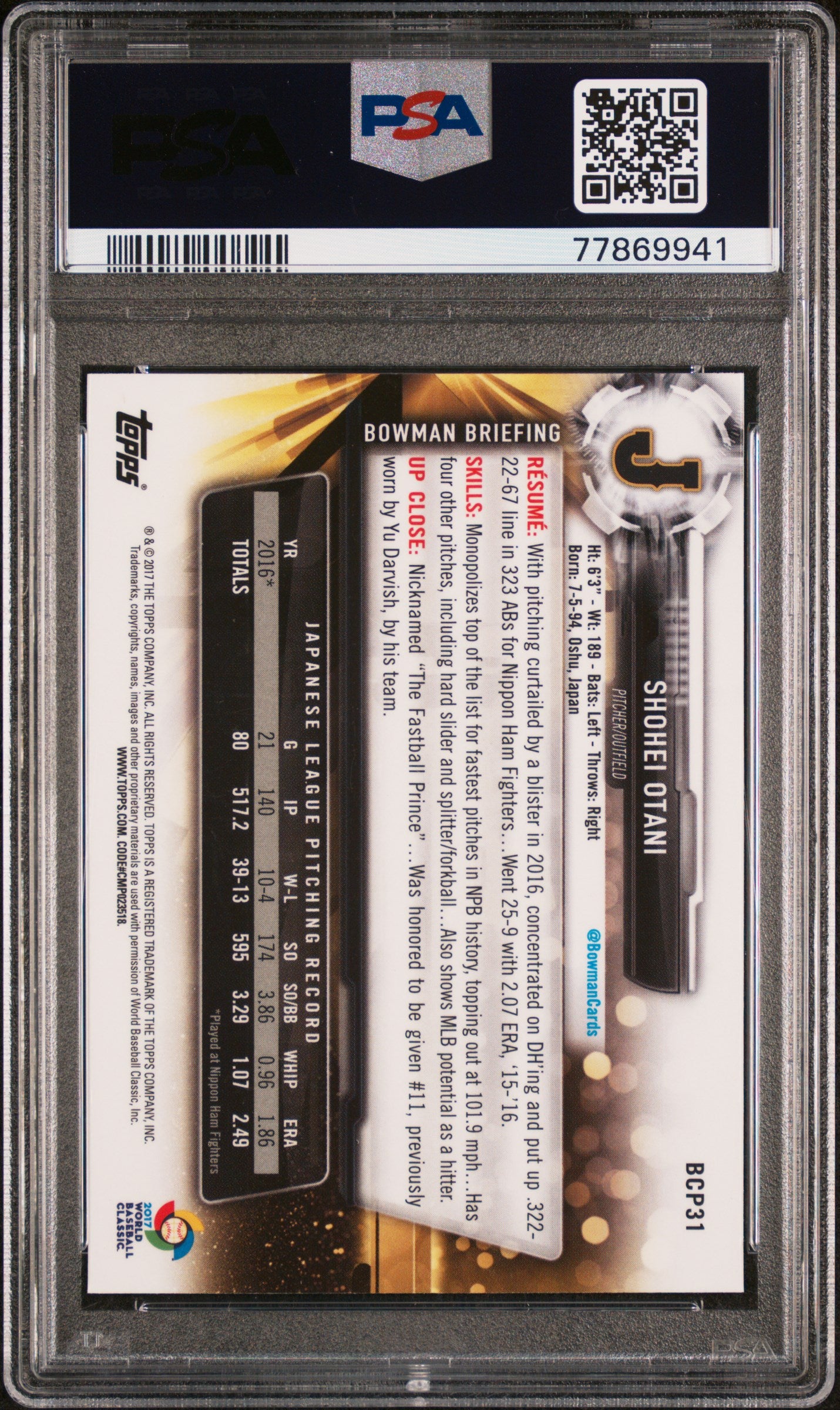 2017 Bowman Mega Box Chrome Prospects Shohei Otani #BCP31 PSA 10