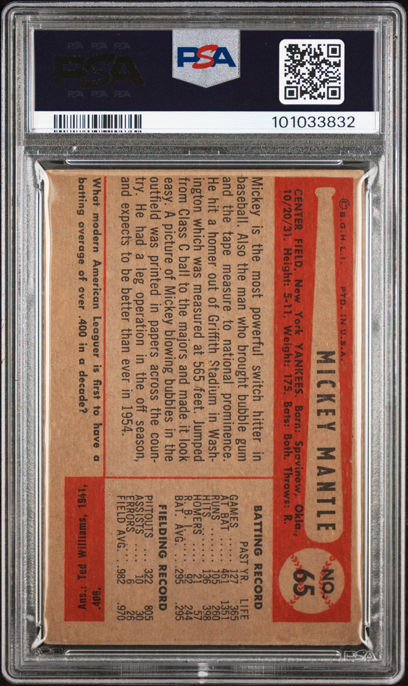 1954 Bowman Mickey Mantle #65 PSA 3