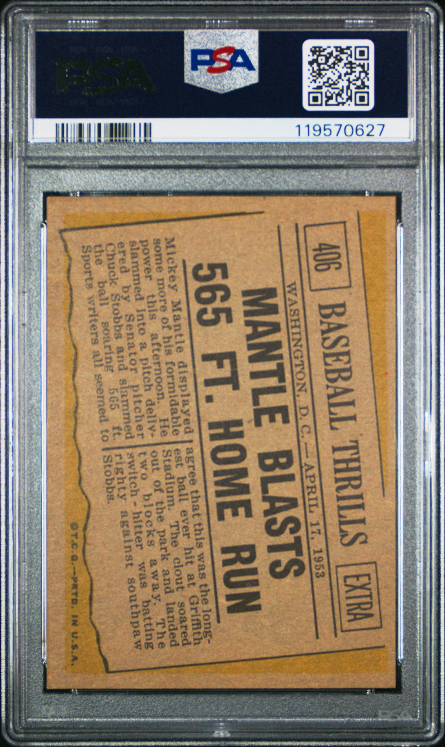 1961 Topps Mantle Blasts #406 565 FT. Home Run PSA 7