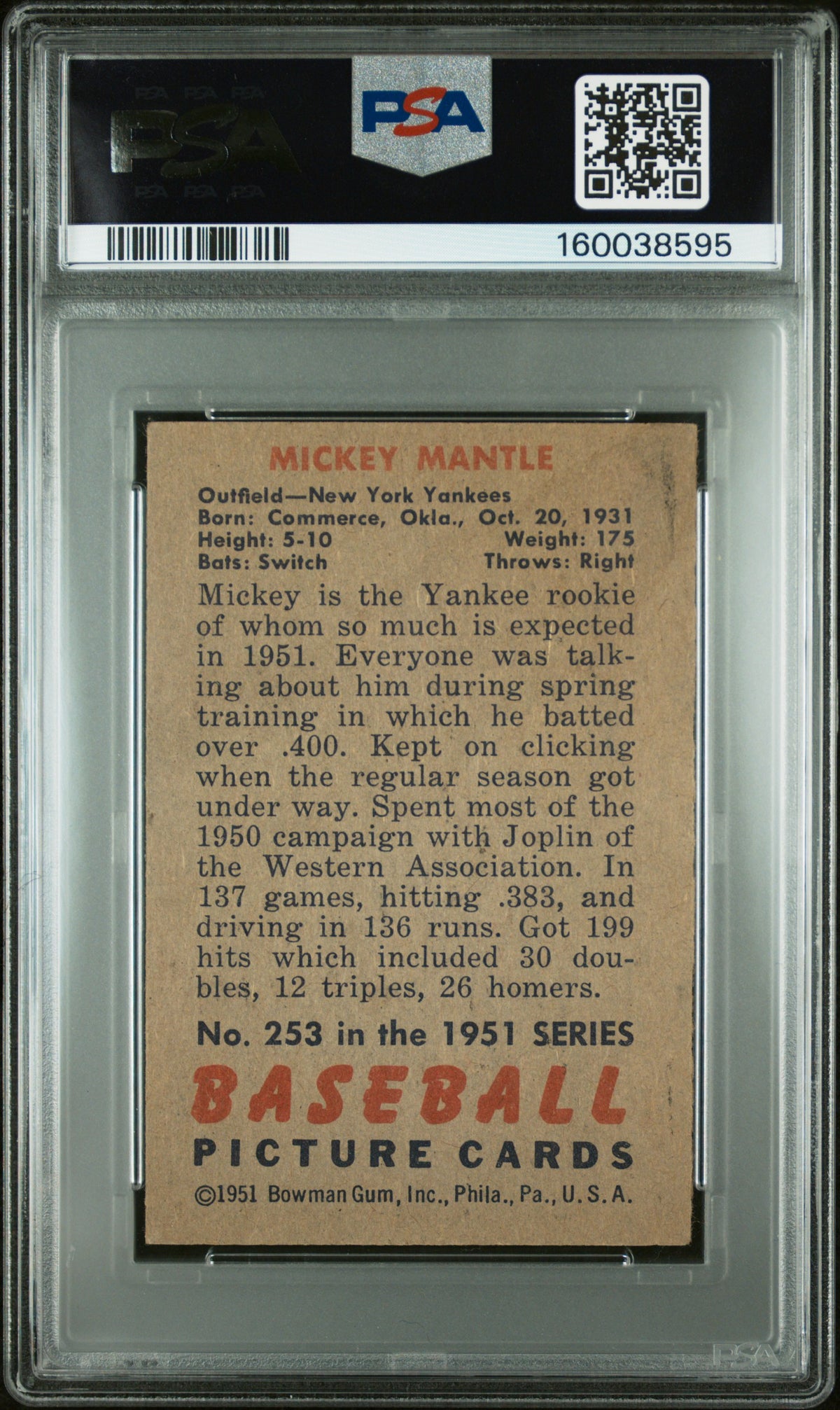 1951 Bowman Mickey Mantle #253 PSA A